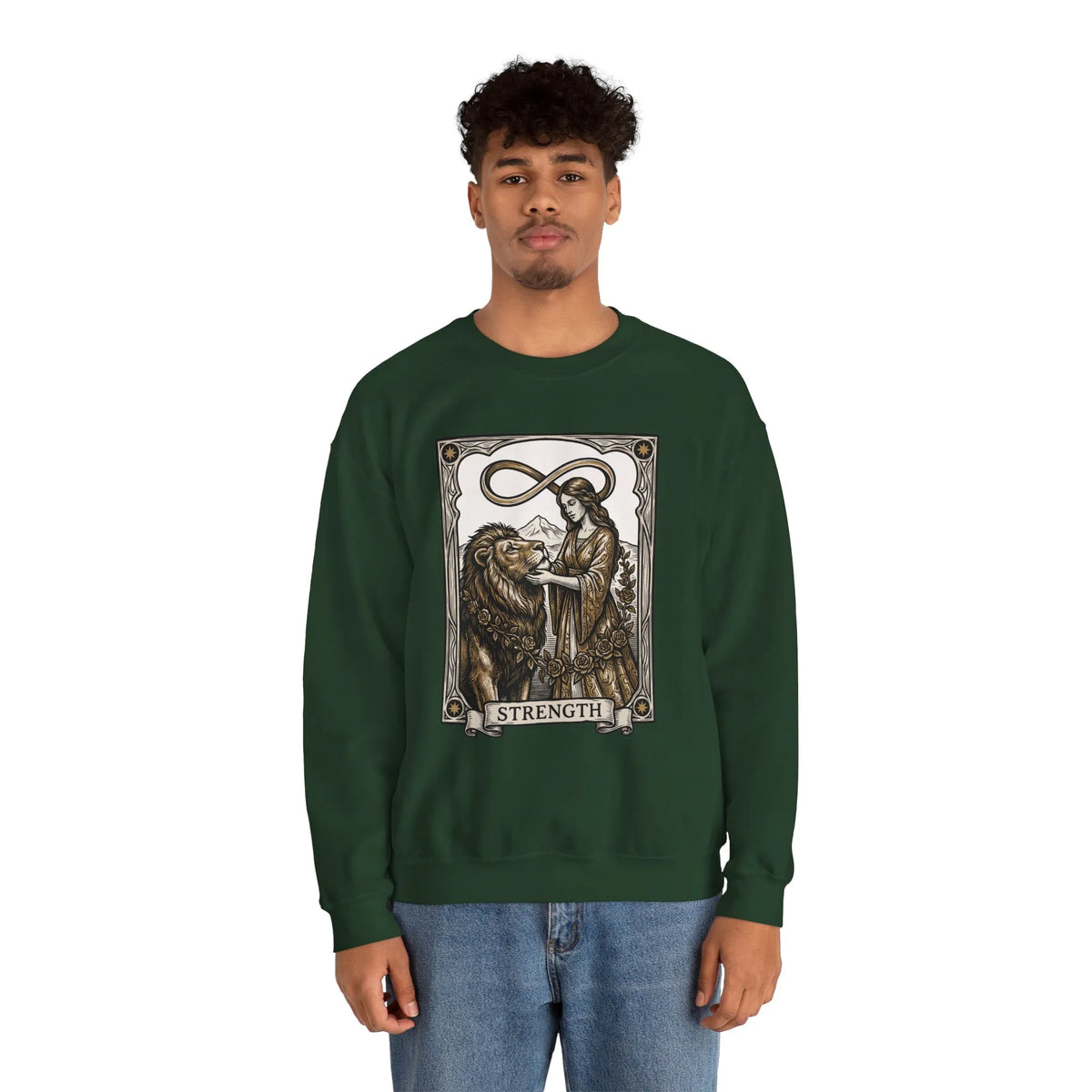 Strength Tarot Card Sweatshirt - Heavy Blend Crewneck Fleece - Unisex White