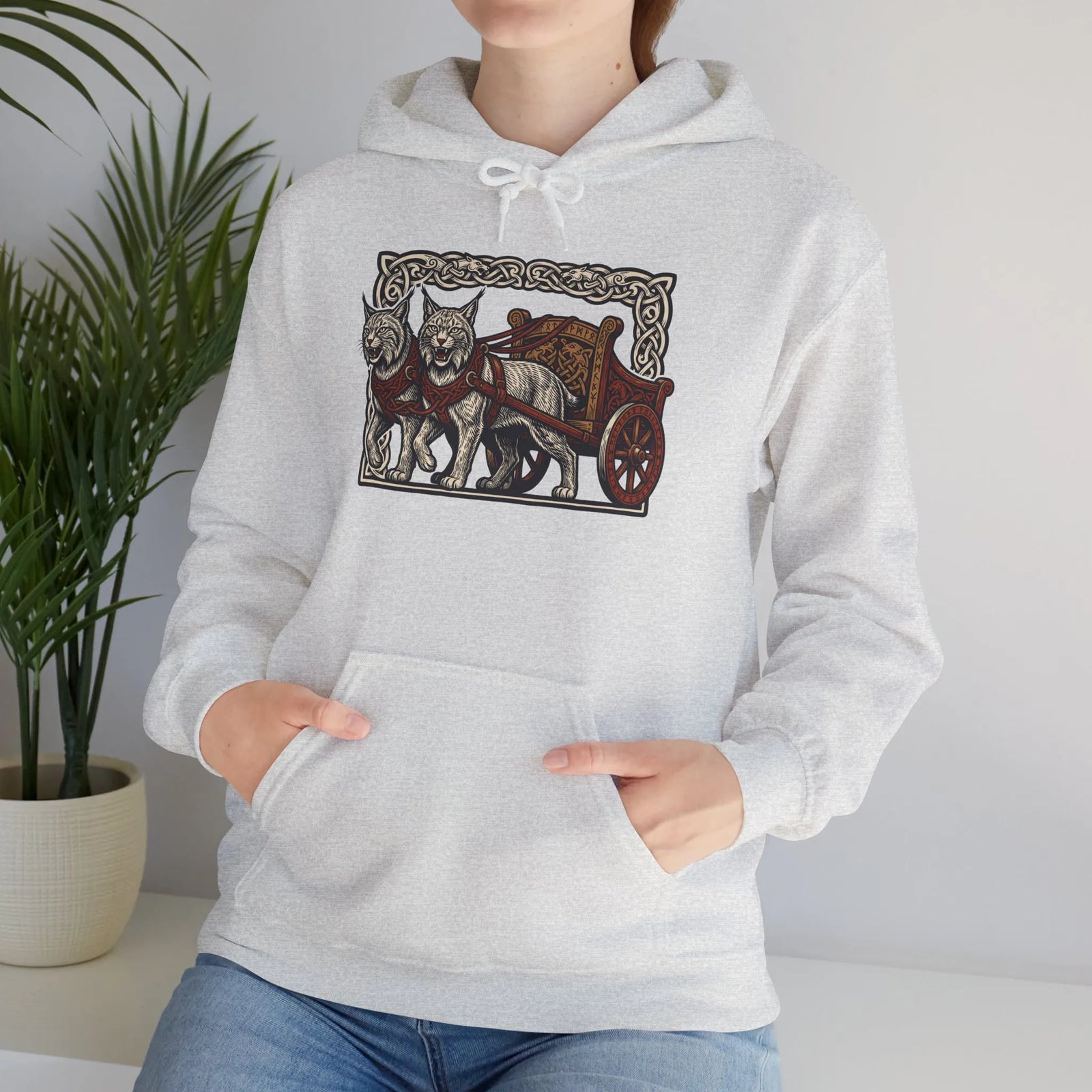 Freyja's Sacred Cats Chariot Graphic Hoodie - Cozy Fleece Pullover Hoodie - Unisex Off White