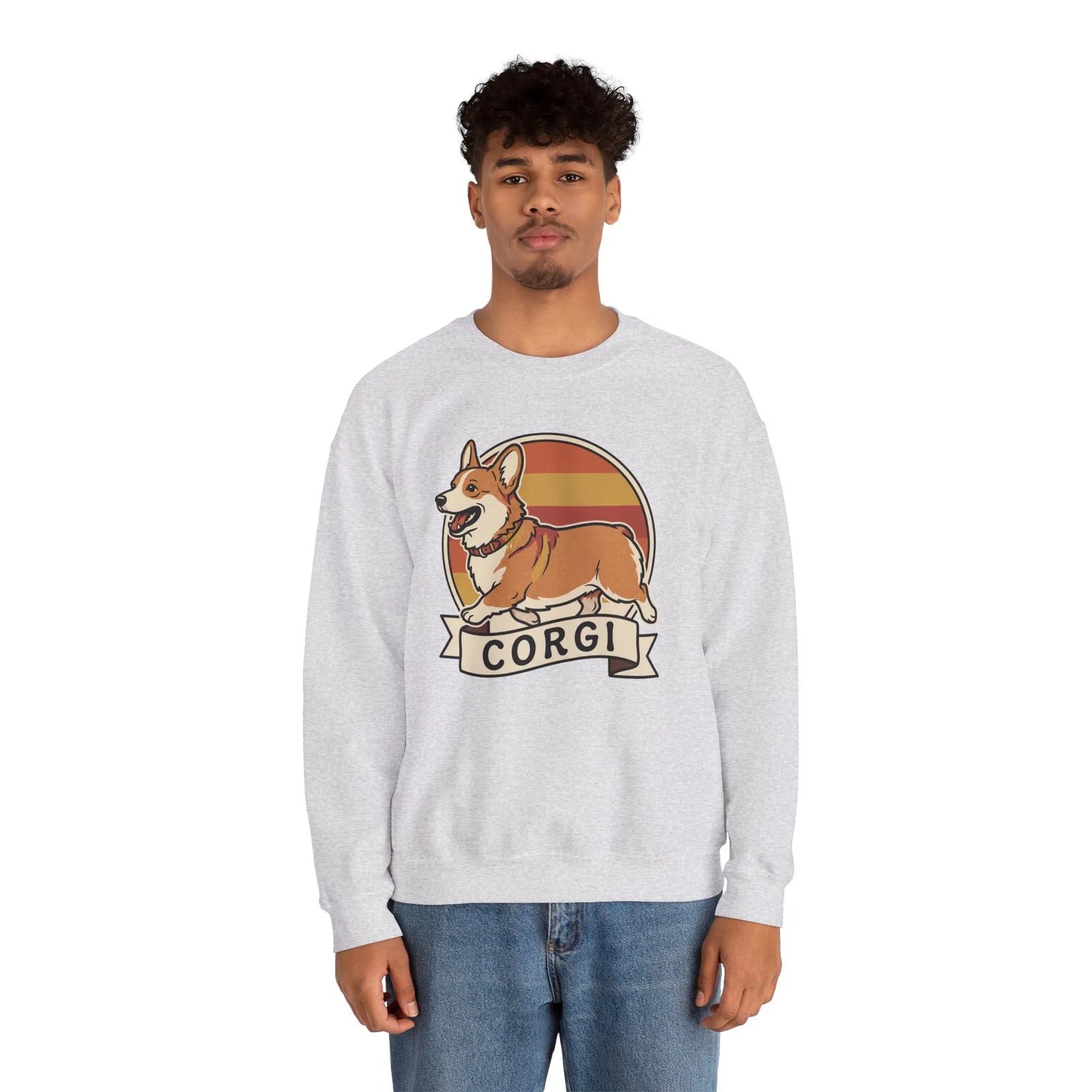 Retro 70s Sunset Corgi Sweatshirt - Classic Fit Cotton-Poly Crewneck - Unisex White
