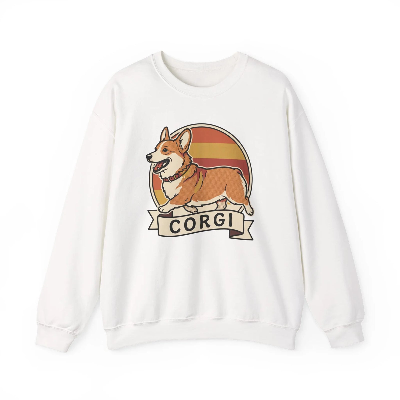 Retro 70s Sunset Corgi Sweatshirt - Classic Fit Cotton-Poly Crewneck - Unisex White