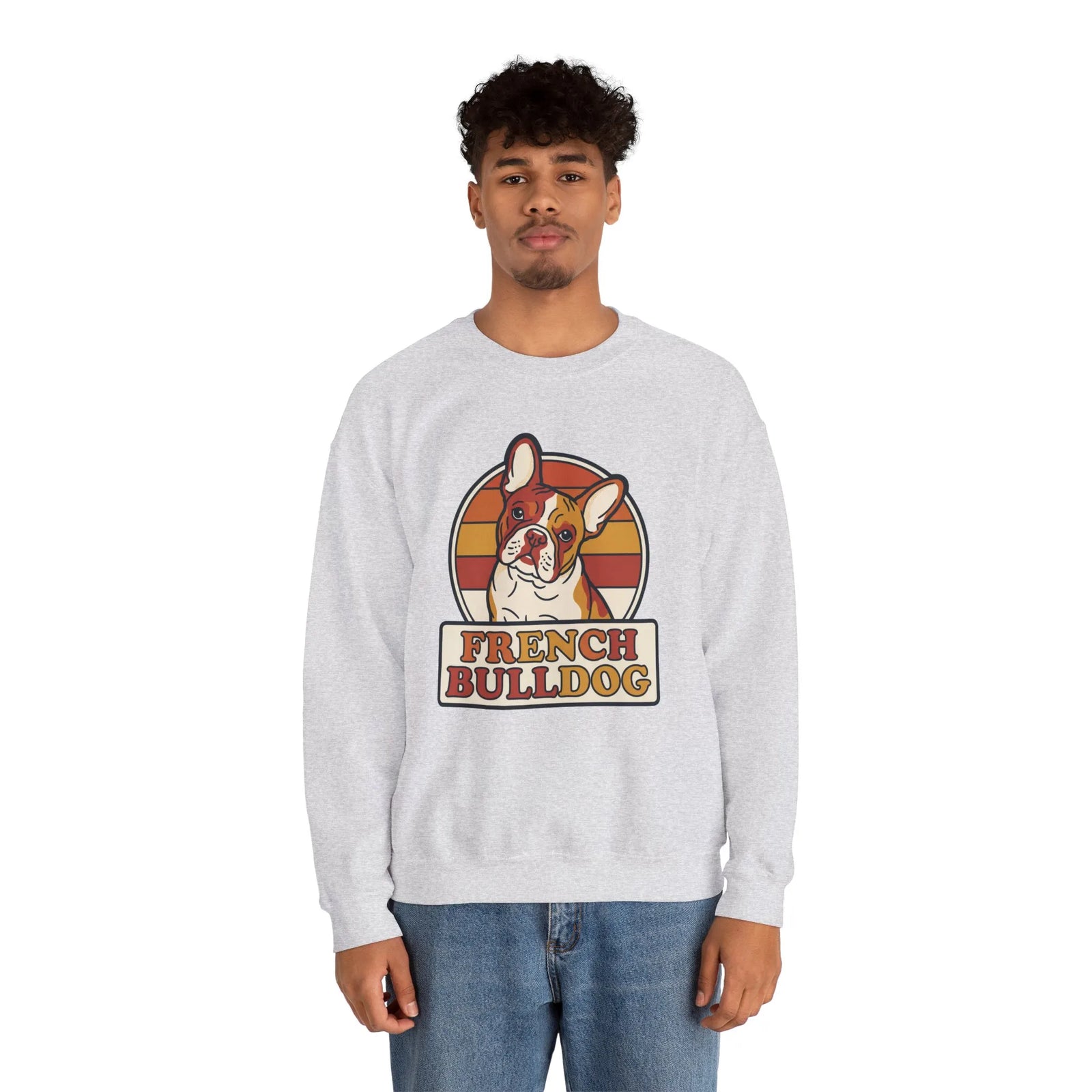 French Bulldog Retro Sunset Sweatshirt - Heavy Blend Classic Fit Crewneck - Unisex White