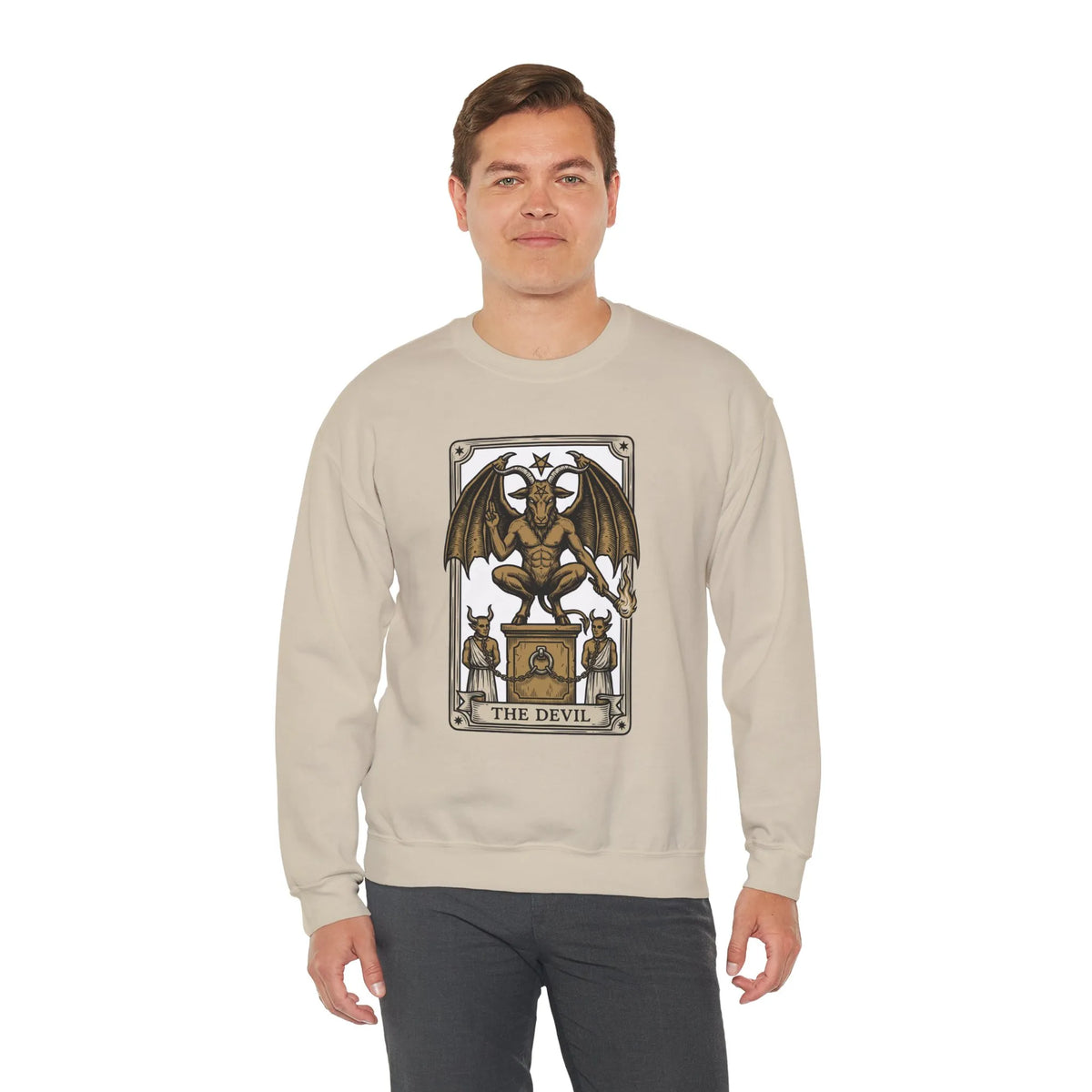 Devil Tarot Card Graphic Sweatshirt - Heavy Blend Fleece Crewneck - Unisex White