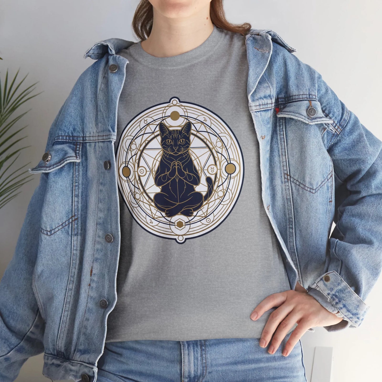 Meditating Cat Sacred Geometry Alchemist T-Shirt - Heavy Cotton Classic Fit Tee - Unisex White