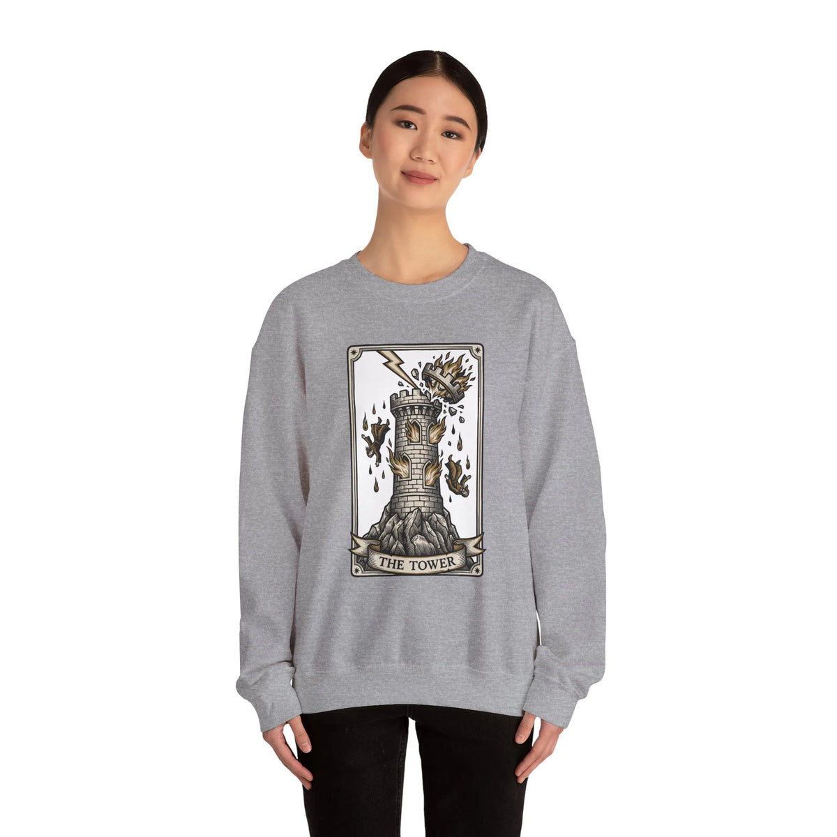 The Tower Tarot Card Sweatshirt - Heavy Blend Fleece Crewneck - Unisex White