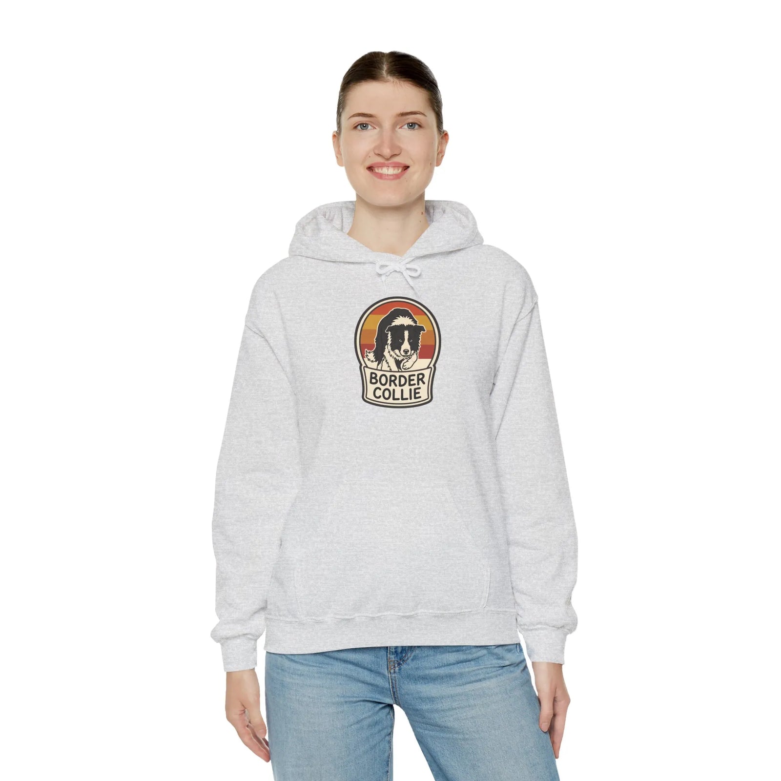 Border Collie Retro 70s Sunset Hoodie - Heavy Blend Cotton-Poly Fleece Pullover - Unisex White