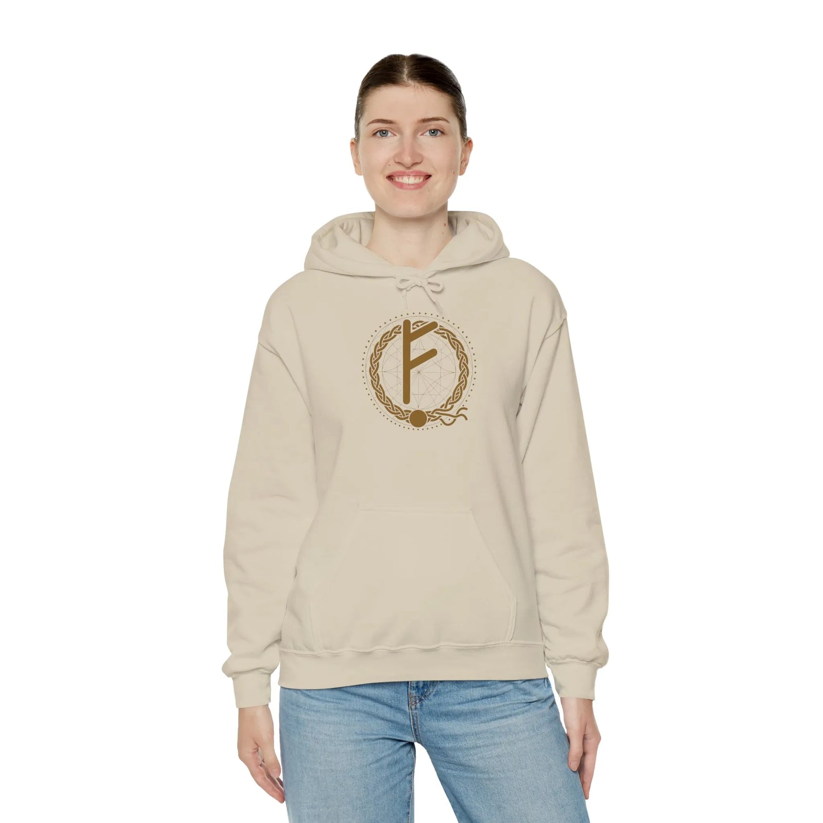 Fehu Rune Wealth Symbol Hoodie - Soft Cotton Poly Fleece Pullover - Unisex White