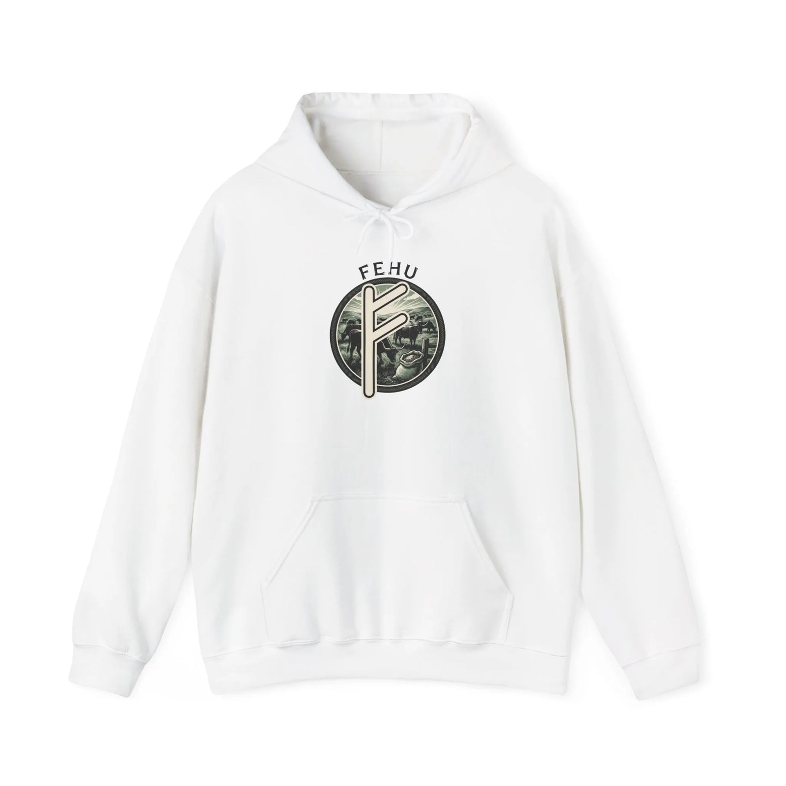 Fehu Runic Wealth Symbol Hoodie - Soft Cotton-Poly Blend Pullover - Unisex White
