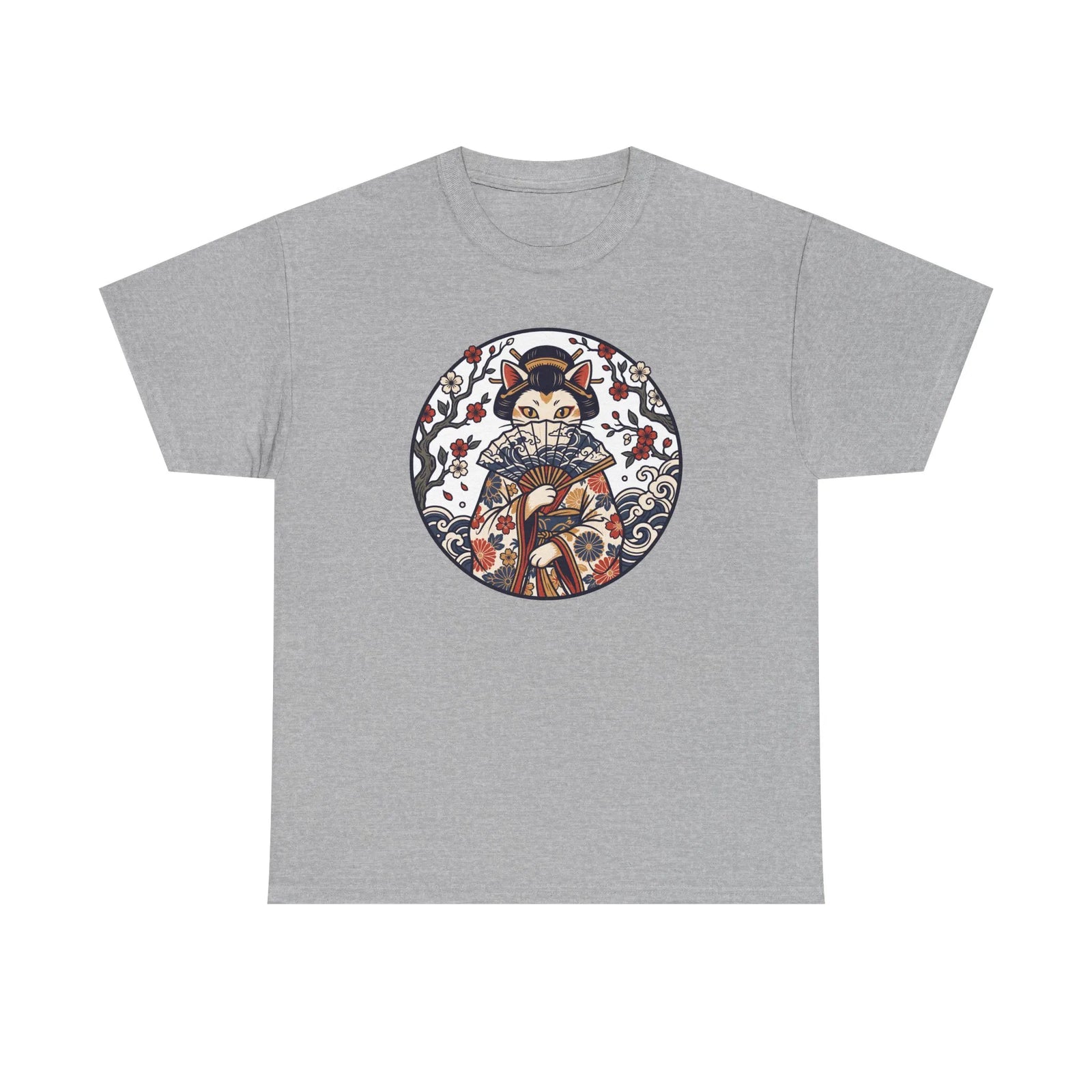 Ukiyo-e Samurai Cat Fan Dancer T-Shirt - Heavy Cotton Classic Fit Tee - Unisex White