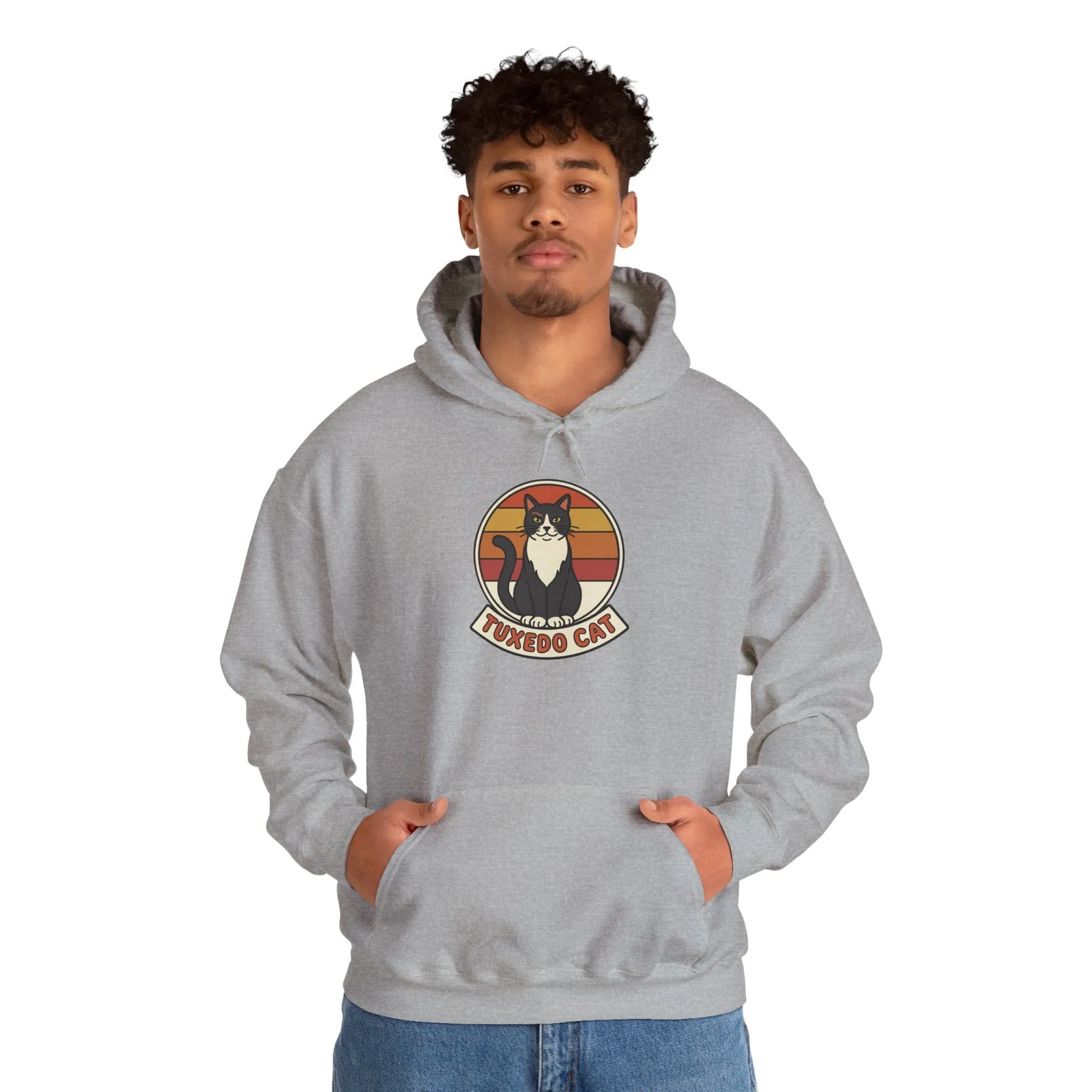 Tuxedo Cat Retro Sunset Hoodie - Soft Cotton Blend Pullover - Unisex White