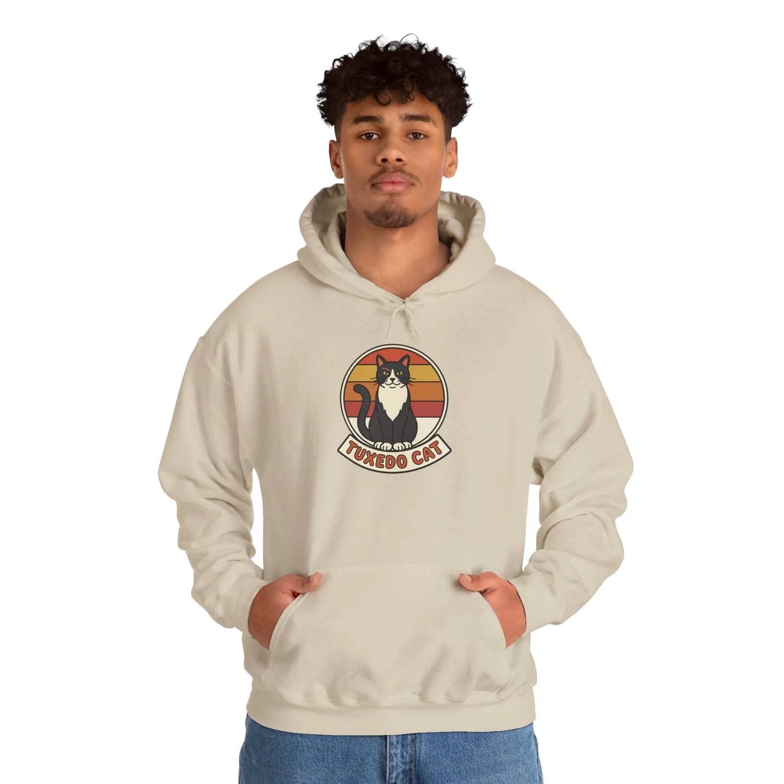 Tuxedo Cat Retro Sunset Hoodie - Soft Cotton Blend Pullover - Unisex White