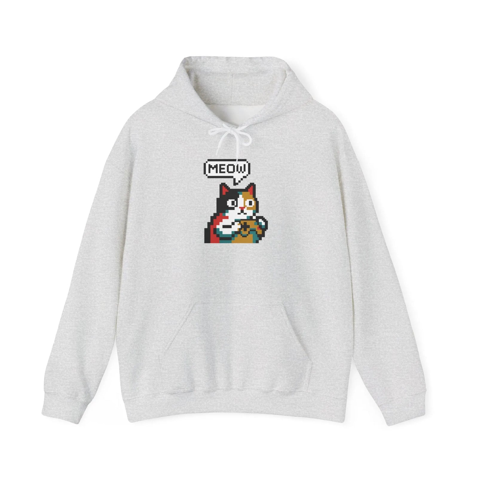 Player One 8-Bit Pixel Gaming Cats Hoodie - Soft Cotton Blend Fleece Pullover - Unisex White