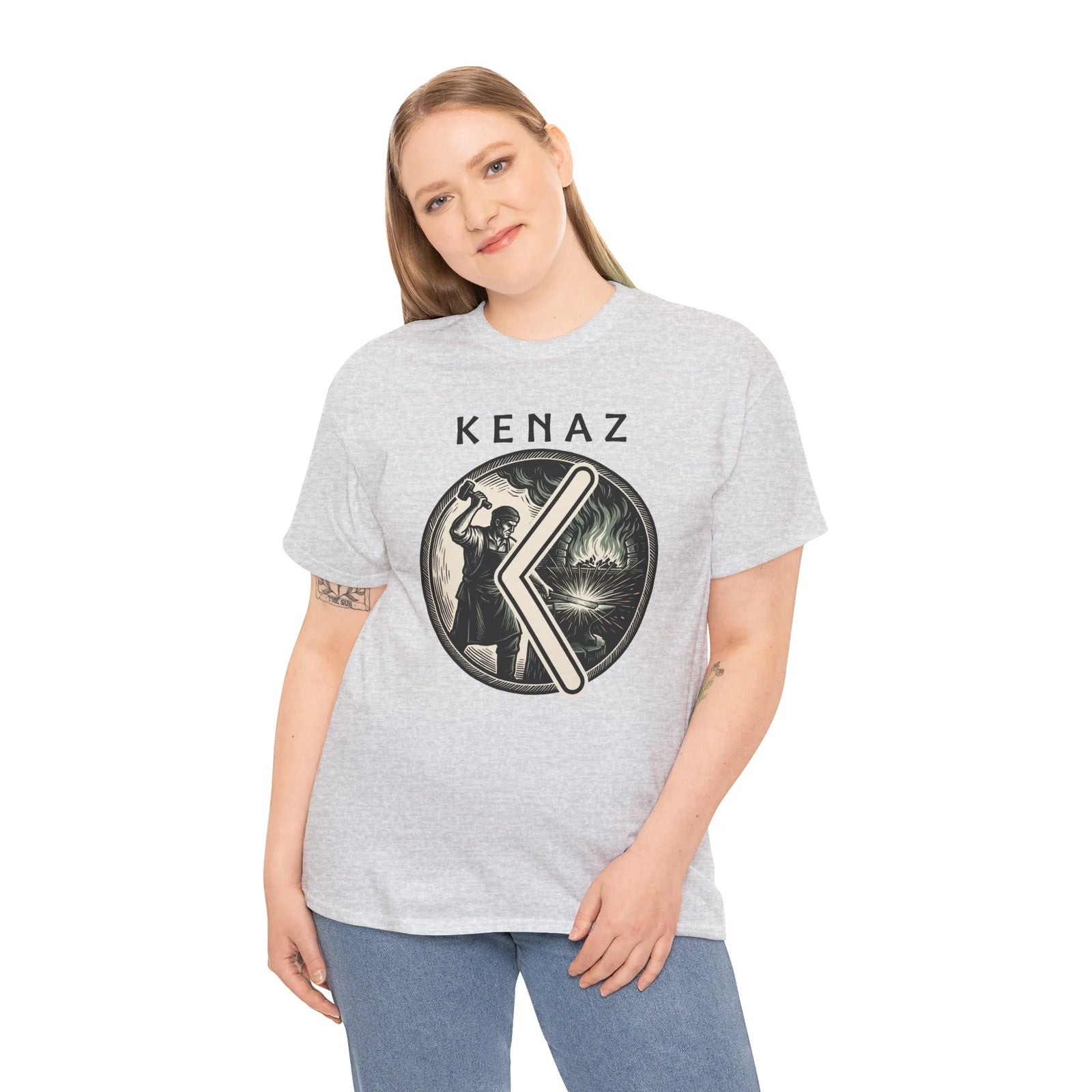 Kenaz Rune Forge Blacksmith T-Shirt - Heavyweight 100% Cotton Classic Fit Tee - Unisex White