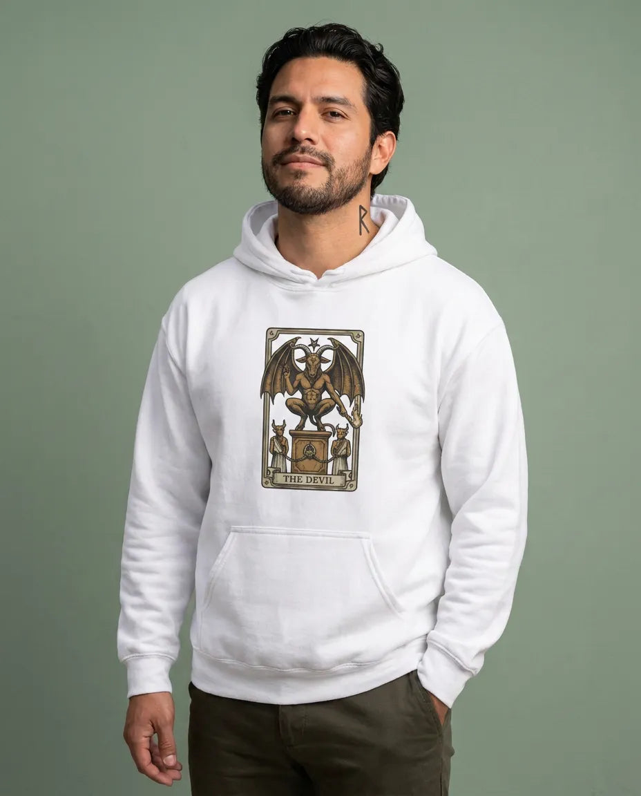 The Devil Tarot Card Graphic Hoodie - Heavy Blend Cotton-Poly Fleece - Unisex White