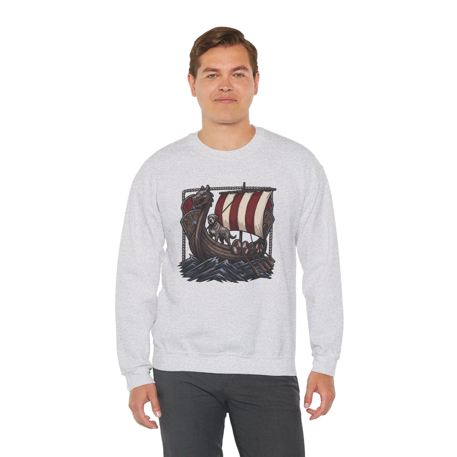Viking Berserker Dogs Longship Prow Sweatshirt - Heavy Blend Cotton Poly Crewneck - Unisex White