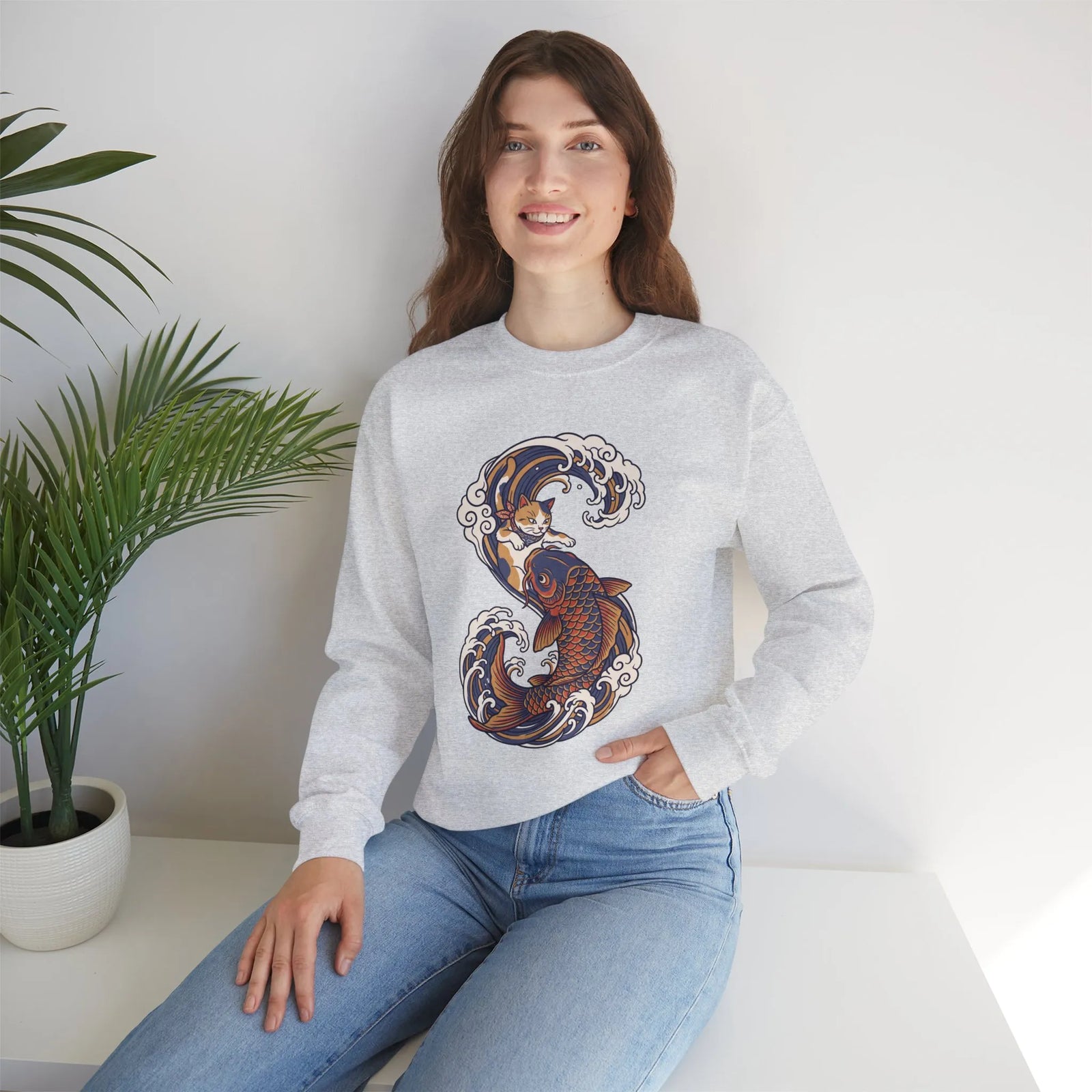 Koi Rider Ukiyo-e Samurai Cats Sweatshirt - Heavy Blend Fleece Crewneck - Unisex Ash