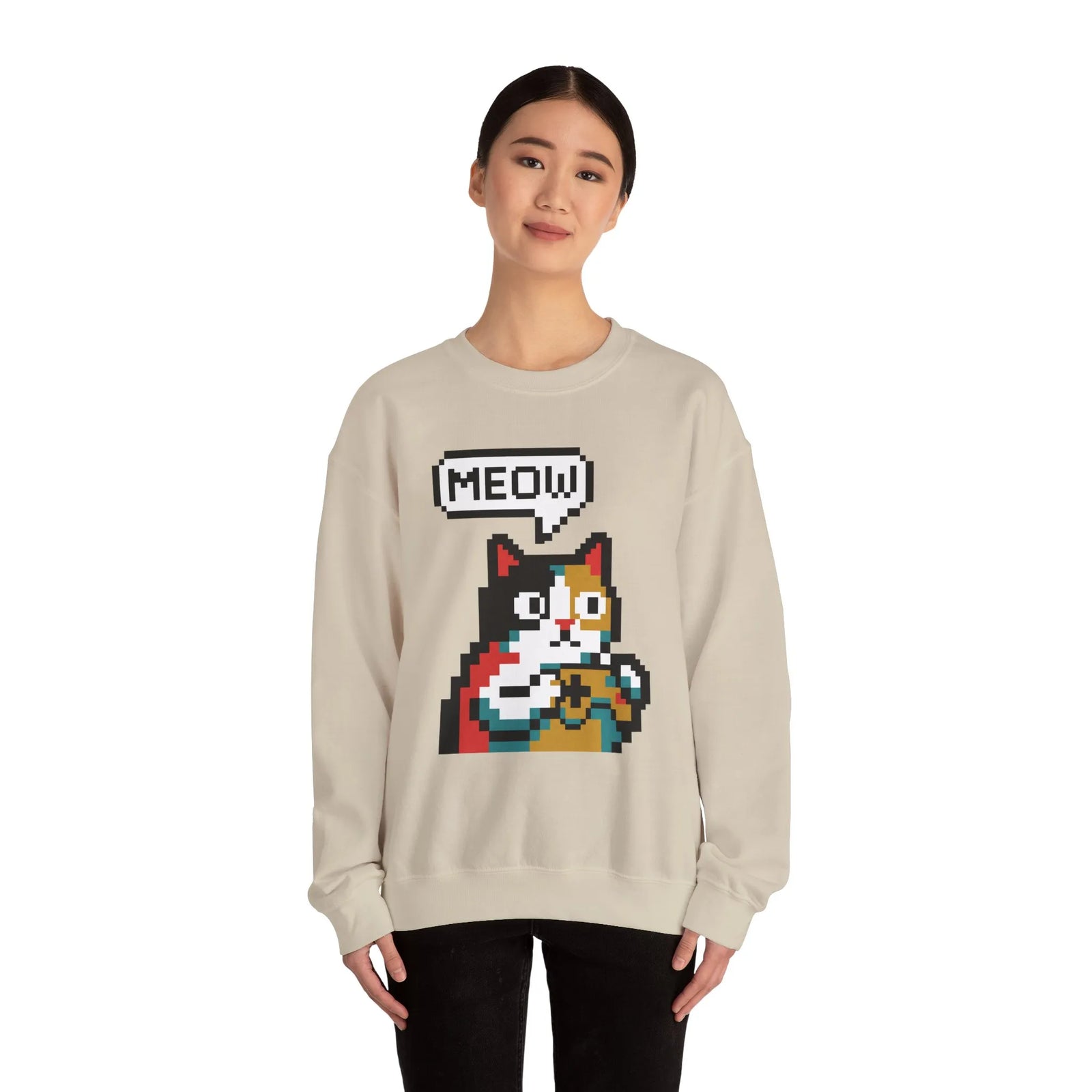 8-Bit Pixel Gaming Cat Sweatshirt - Heavy Blend Crewneck Classic Fit - Unisex White