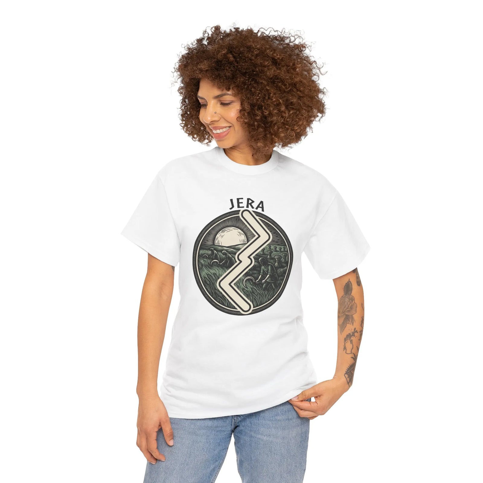 Jera Rune Harvest Reaping T-Shirt - Medium Weight Cotton Classic Fit Tee - Unisex White