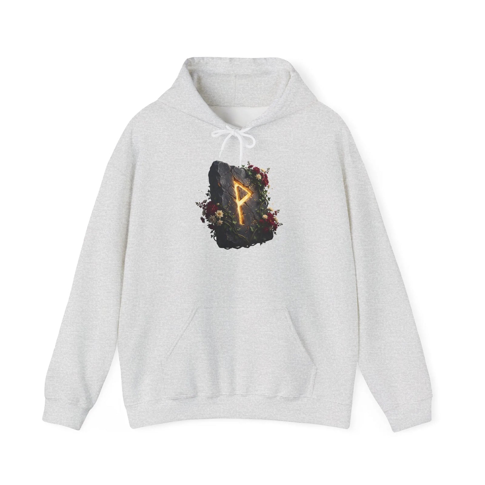 Wunjo Rune Floral Rock Graphic Hoodie - Warm Fleece Pullover Sweatshirt - Unisex White