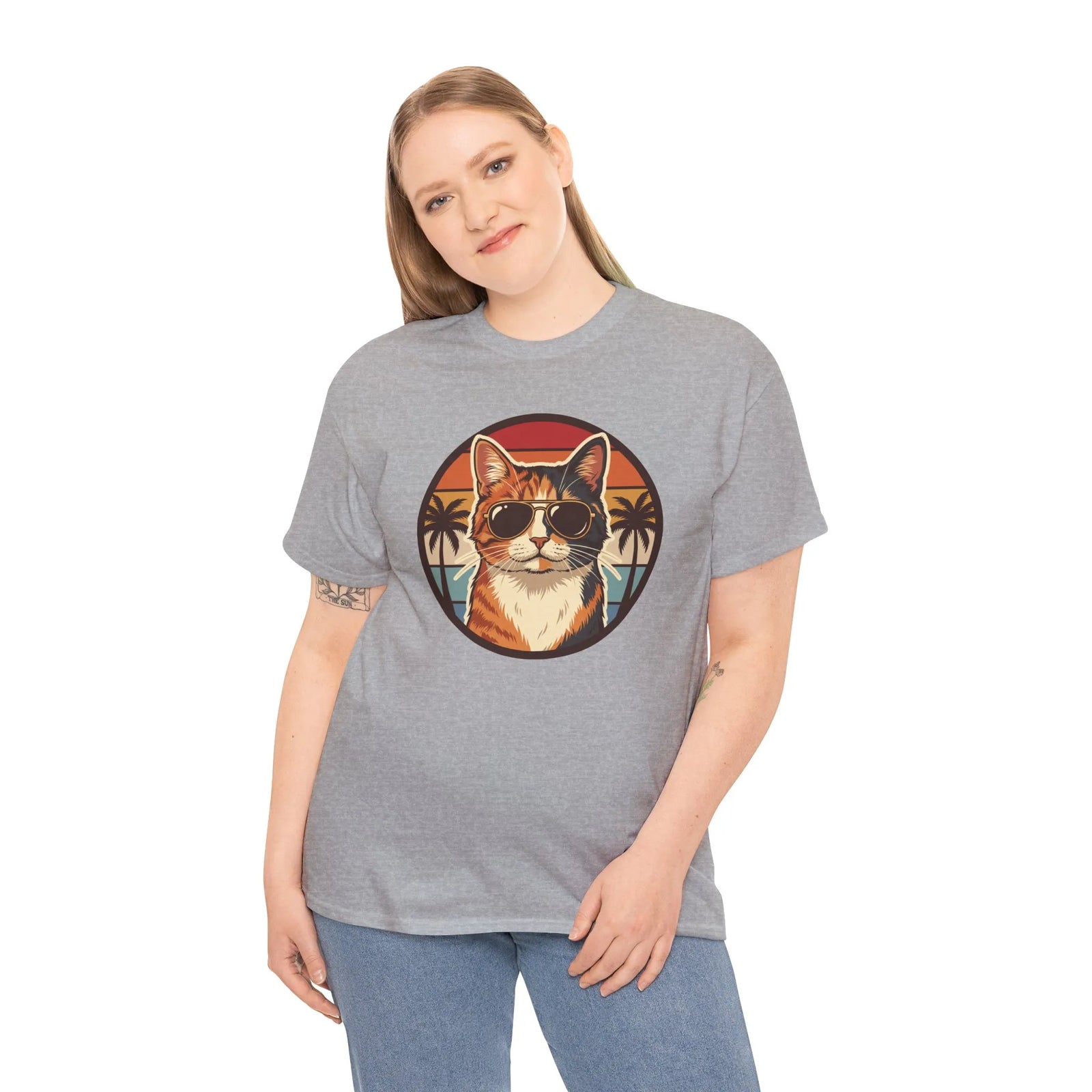 Calico Cool Cat Sunset Aviator T-Shirt - Heavy Cotton Classic Fit Tee - Unisex White