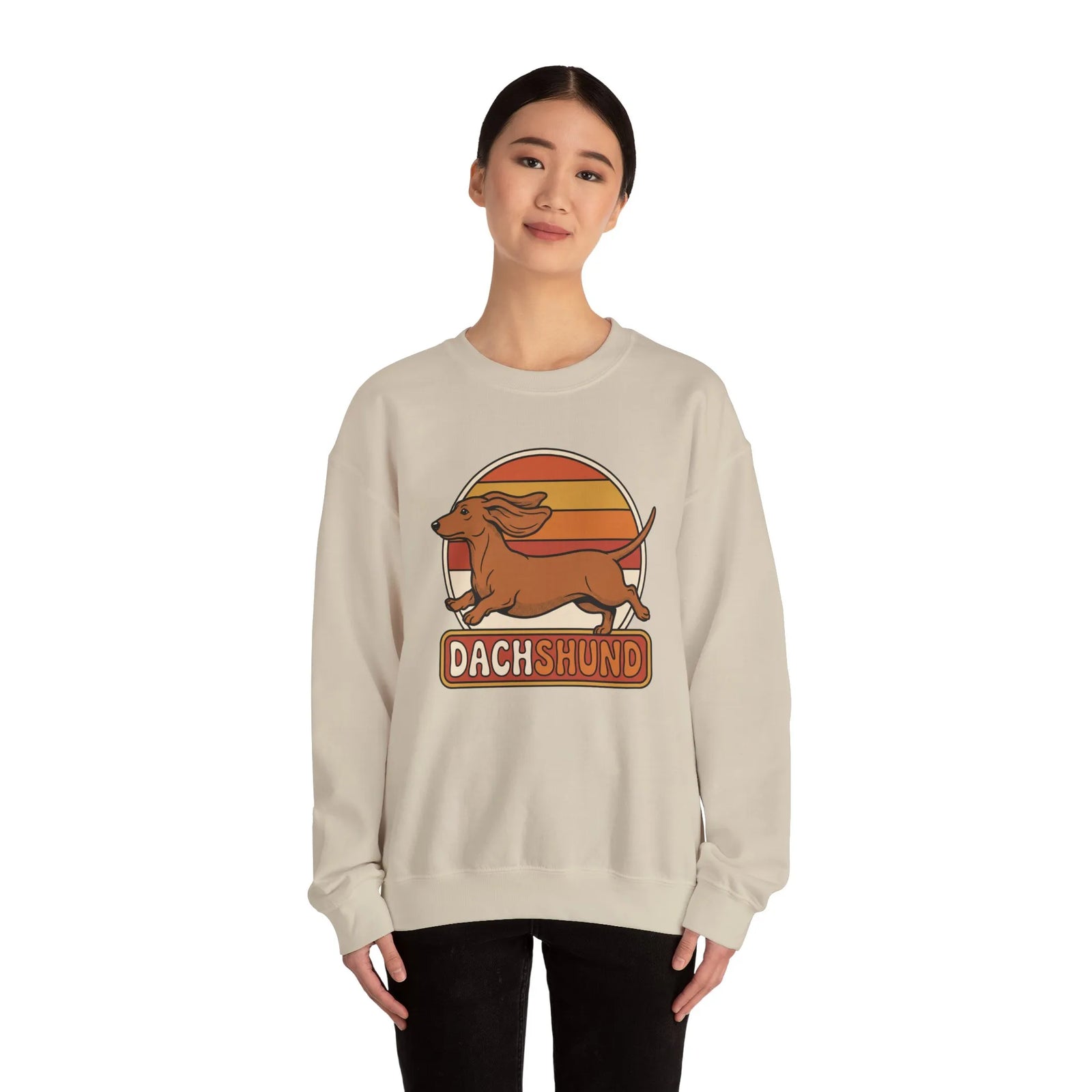 Retro 70s Sunset Dachshund Sweatshirt - Heavy Blend Cotton Blend Crewneck - Unisex White