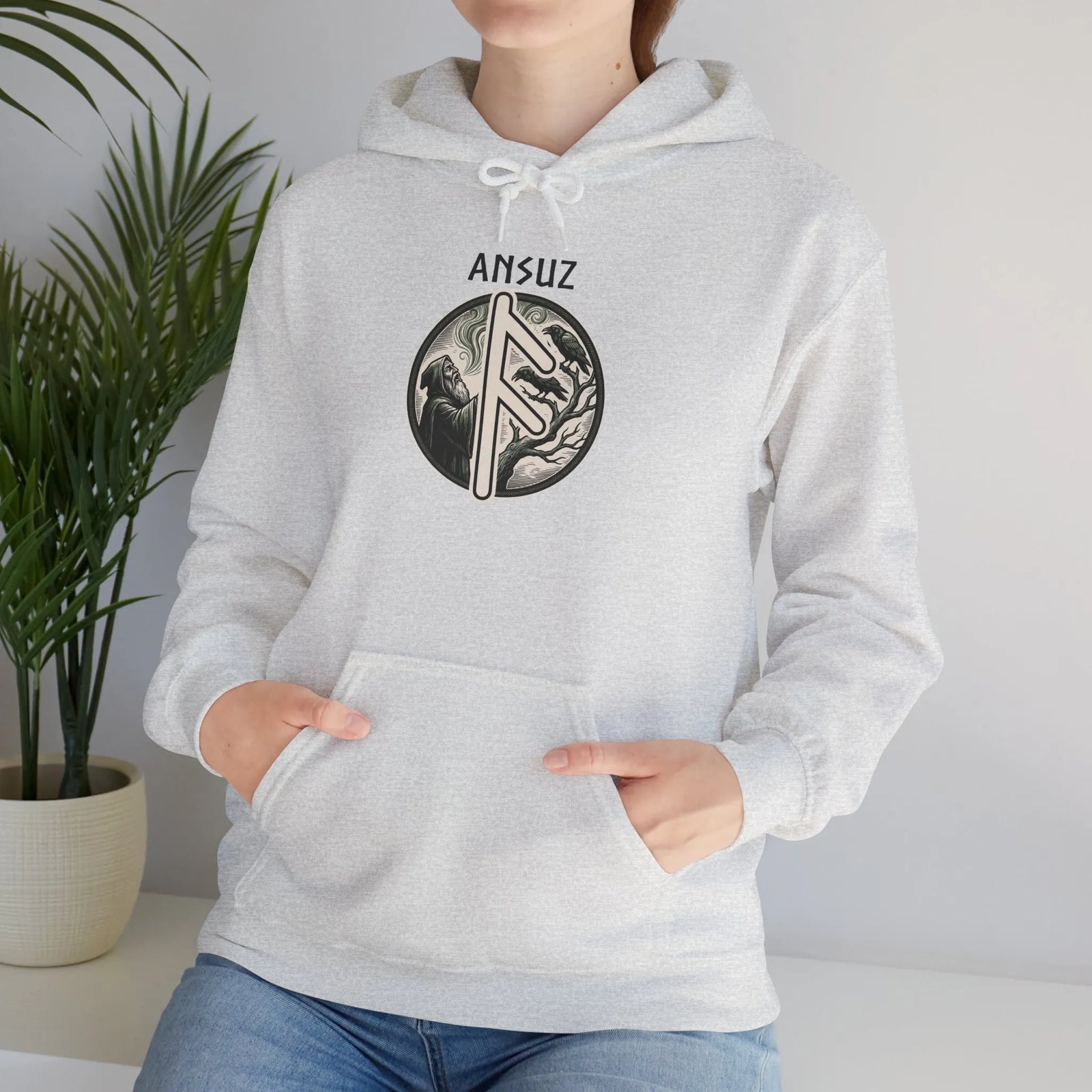 Ansuz Rune Norse Wisdom Graphic Hoodie - Heavy Blend Cotton-Poly Pullover - Unisex White