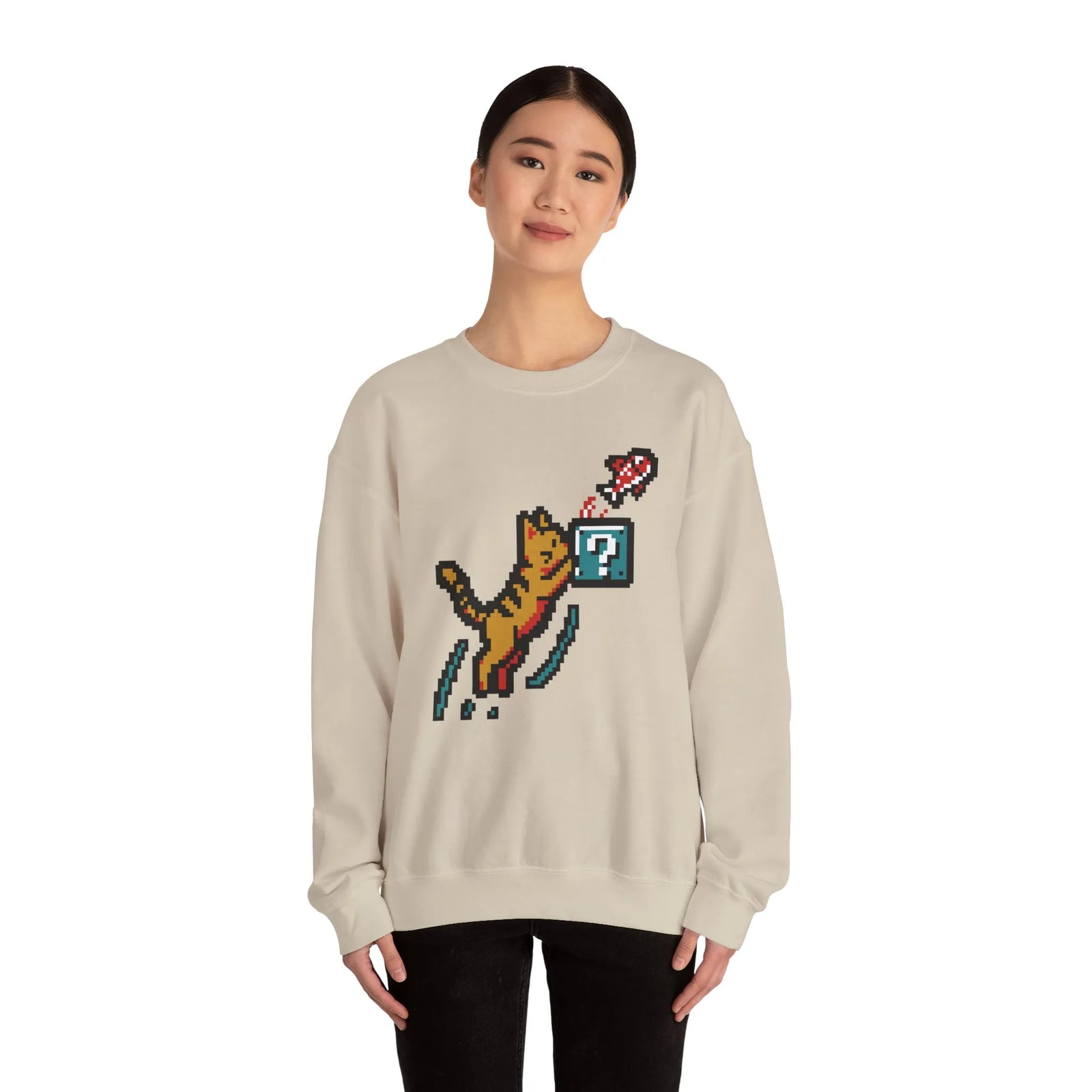 8-Bit Pixel Gaming Cats Sweatshirt - Heavy Blend Fleece Crewneck - Unisex White