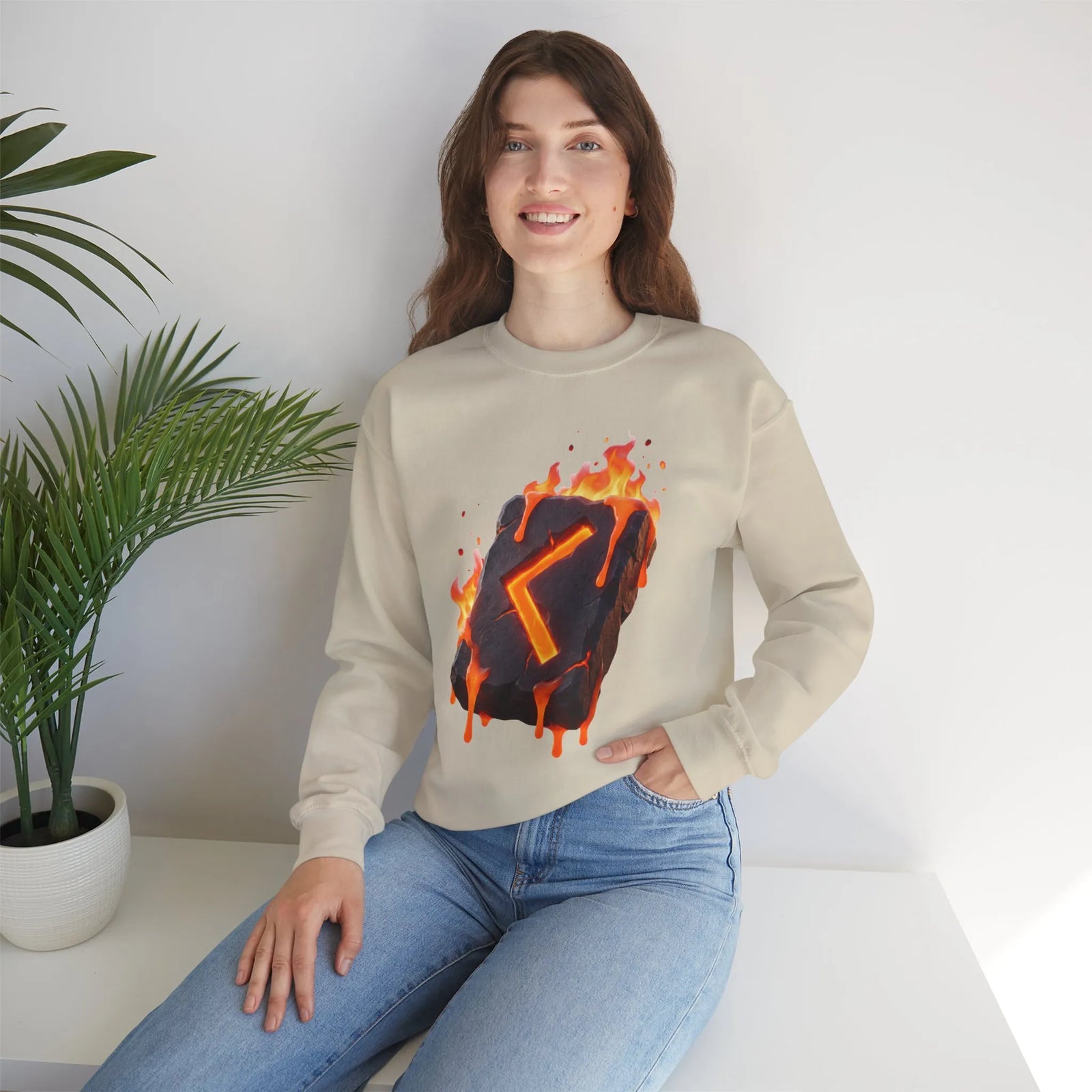 Kenaz Rune Fire Graphic Sweatshirt - Heavy Blend Fleece Crewneck - Unisex White