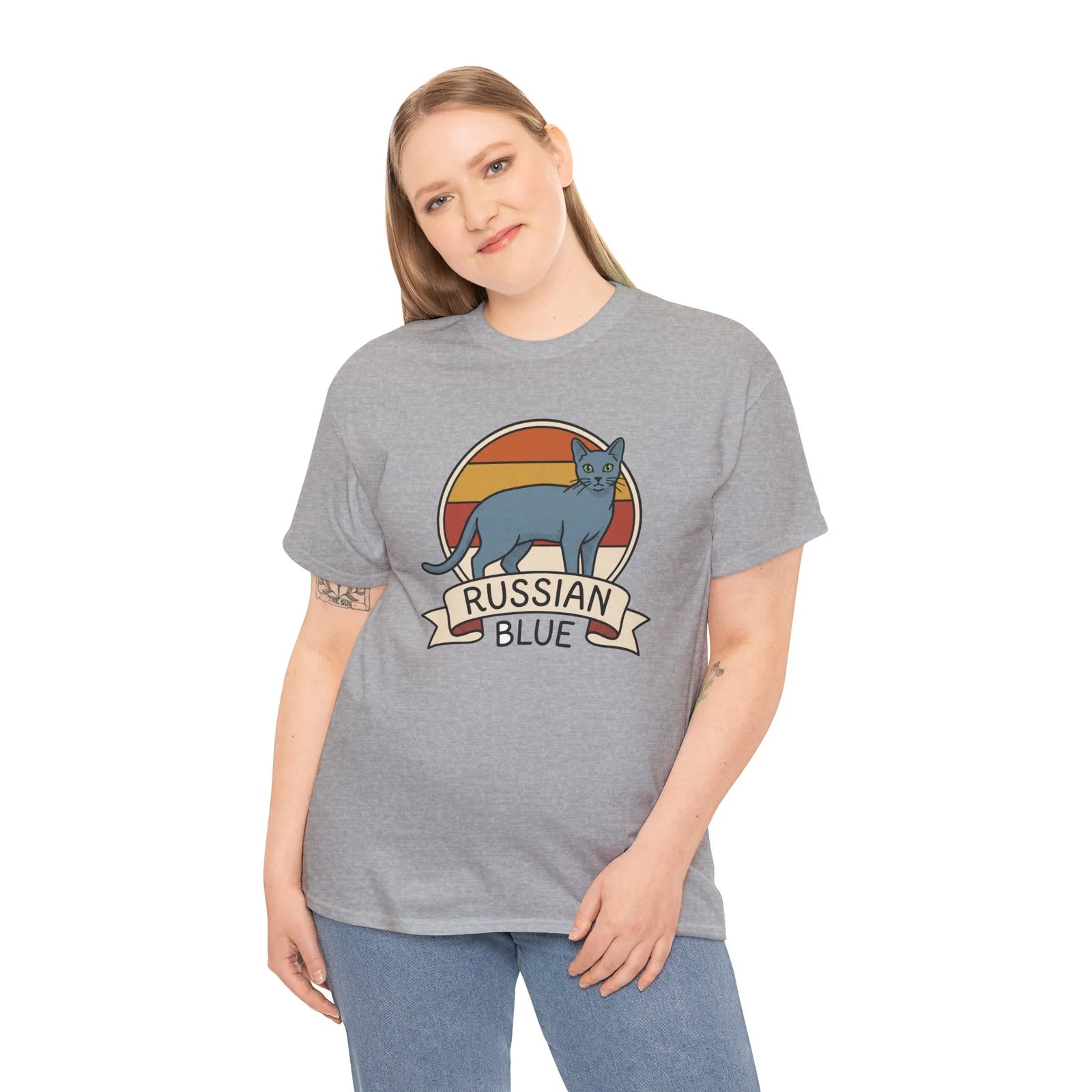 Russian Blue Retro 70s Sunset T-Shirt - Heavy Cotton Classic Fit Tee - Unisex White