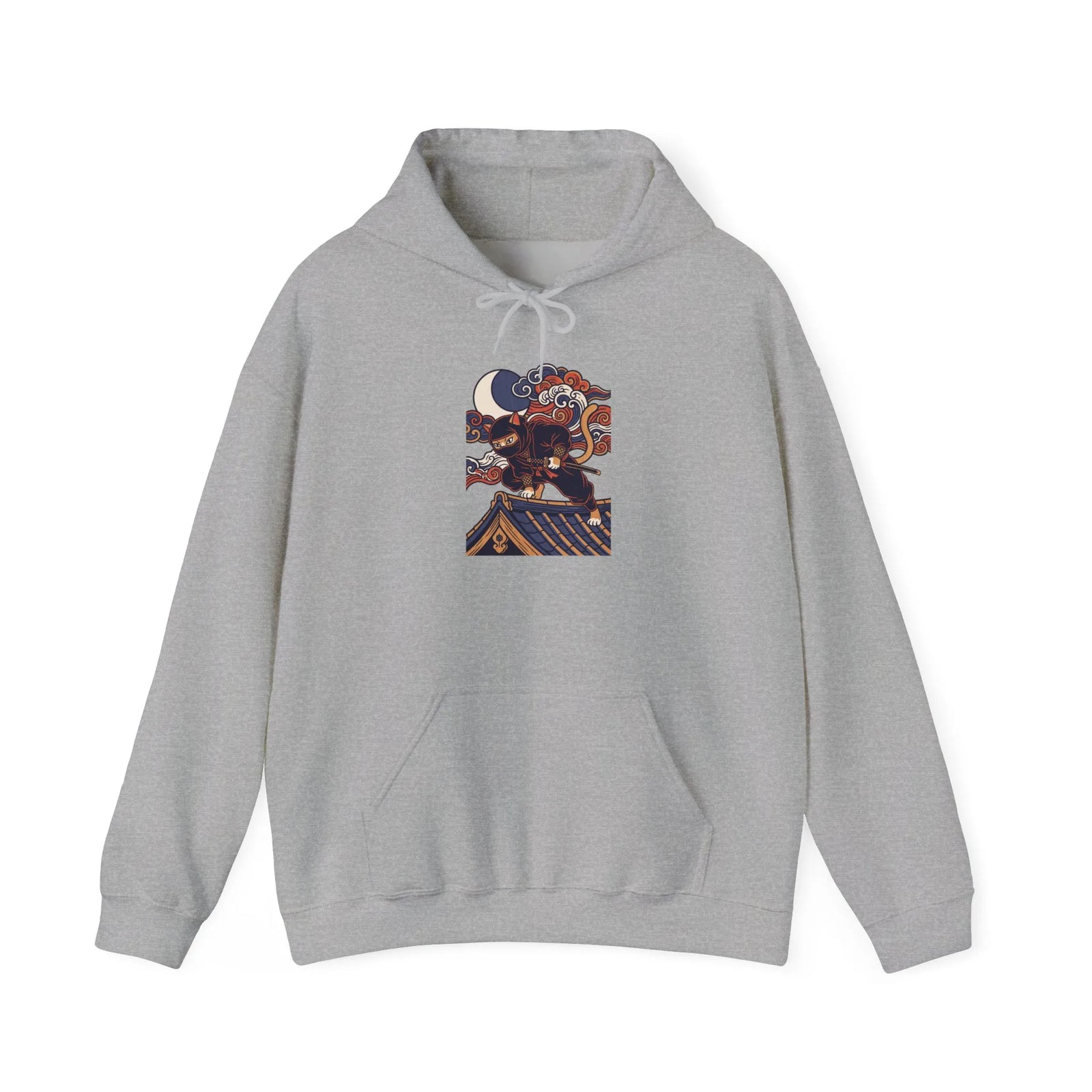 Ninja Cat Ukiyo-e Samurai Hoodie - Soft Fleece Blend Pullover - Unisex White