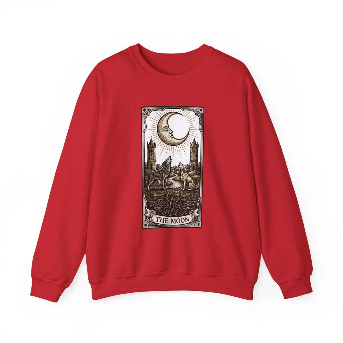 Moon Tarot Card Wolves Graphic Sweatshirt - Heavy Blend Fleece Crewneck - Unisex White