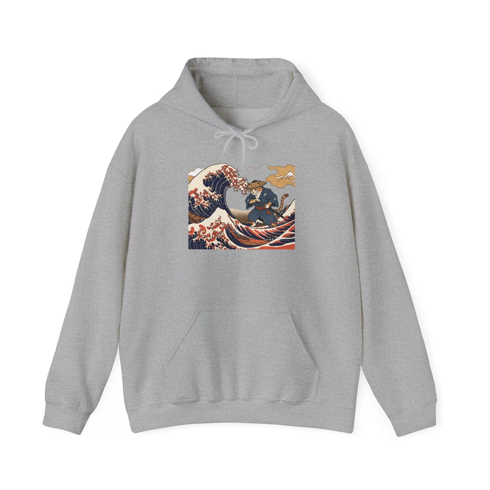 Ronin Wave Samurai Cat Ukiyo-e Hoodie - Heavy Blend Fleece Pullover - Unisex White
