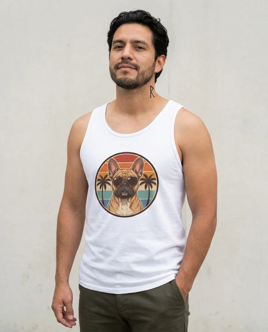 French Bulldog Aviator 70s Sunset Tank Top - Soft Airlume Cotton Jersey - Unisex White