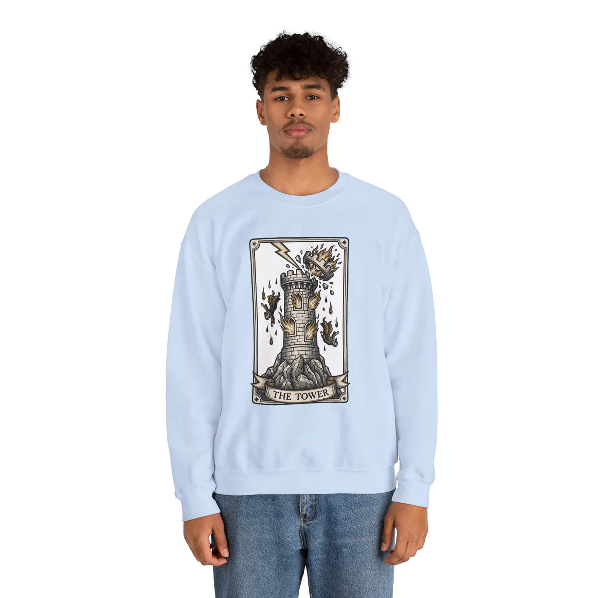 The Tower Tarot Card Sweatshirt - Heavy Blend Fleece Crewneck - Unisex White