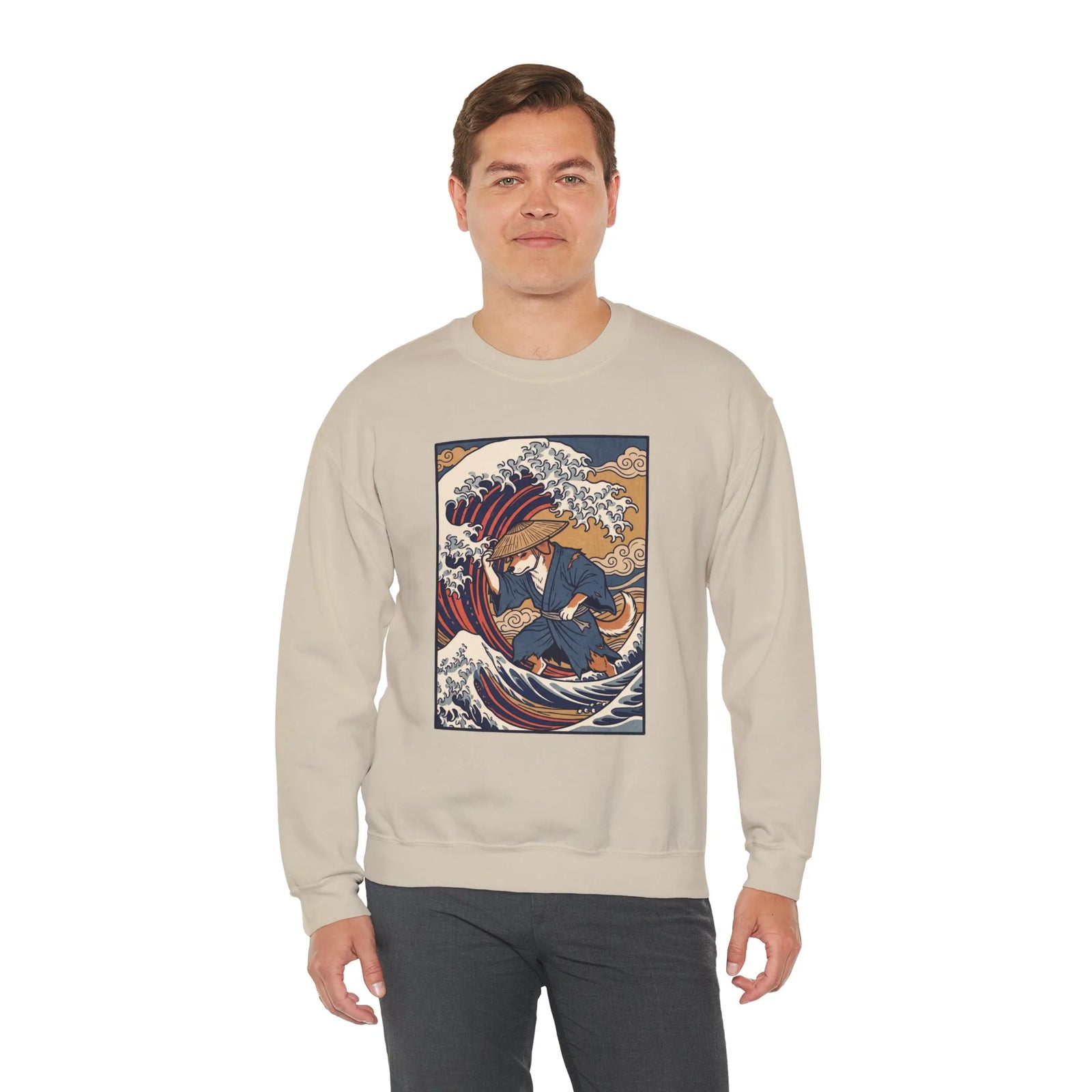 Ronin Wave Ukiyo-e Samurai Dog Sweatshirt - Heavyweight Cotton Blend Crewneck - Unisex White