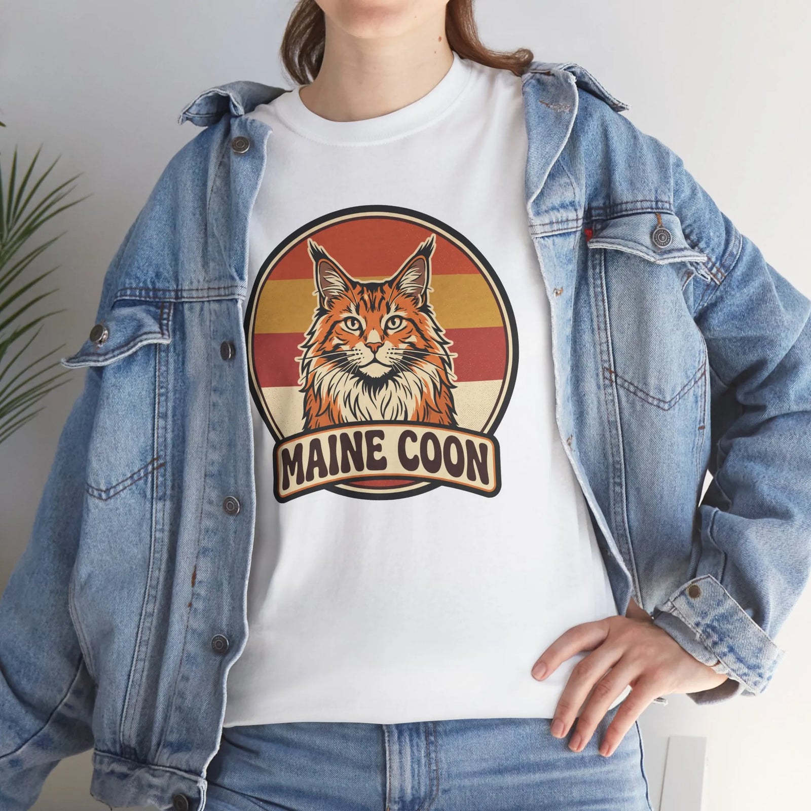 Maine Coon Retro 70s Sunset T-Shirt - Heavy Cotton Classic Fit Tee - Unisex White