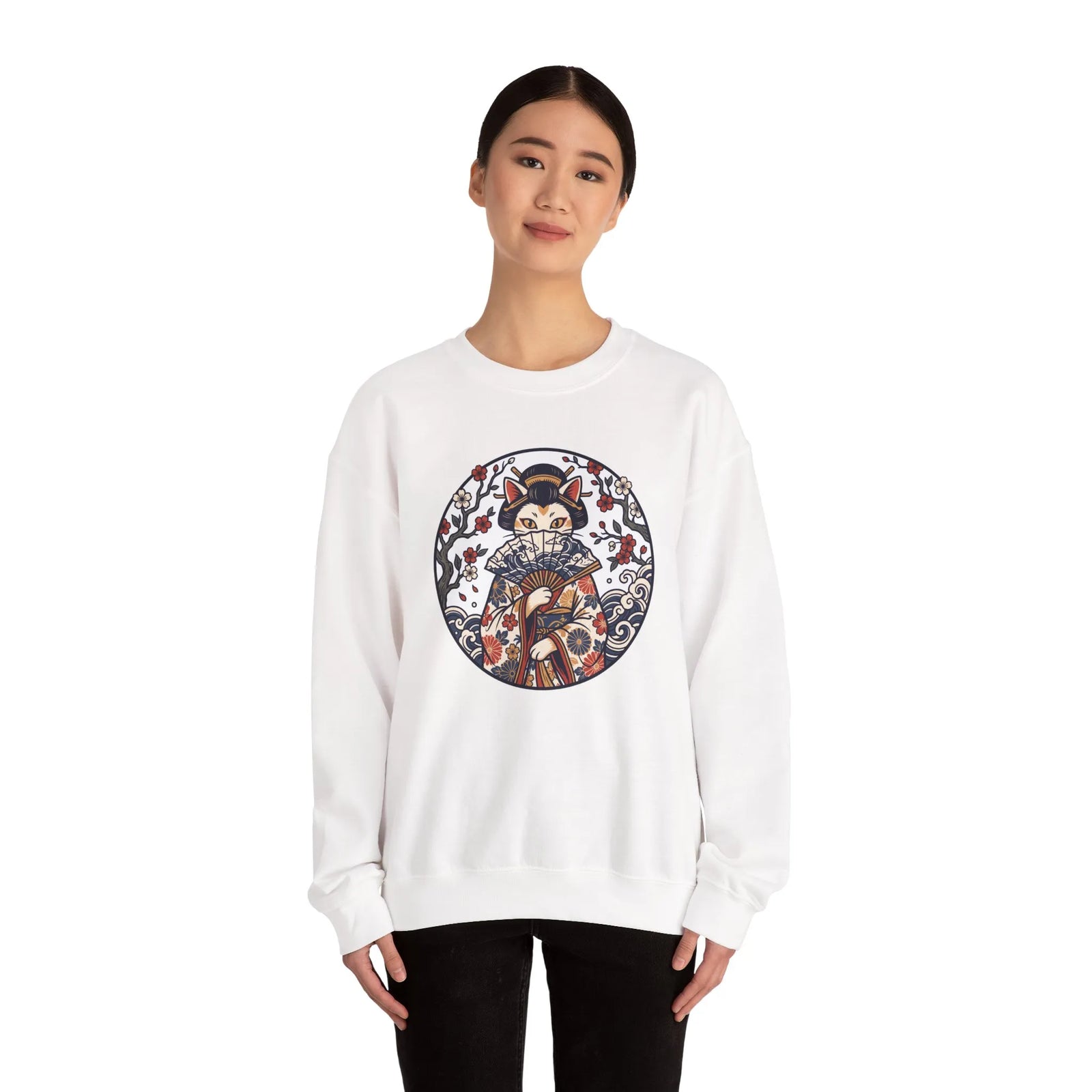 Ukiyo-e Samurai Cats Fan Dancer Sweatshirt - Heavy Blend Fleece Crewneck - Unisex White