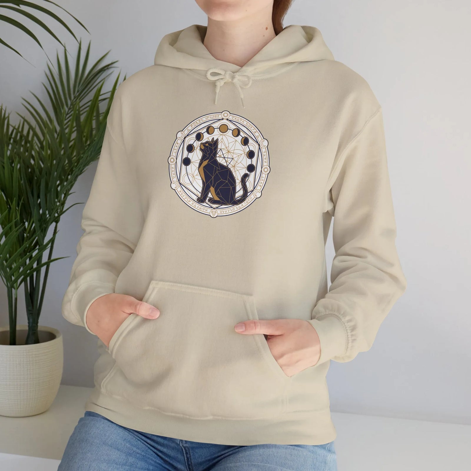 Moon Phases Sacred Geometry Cat Hoodie - Soft Fleece Pullover - Unisex White
