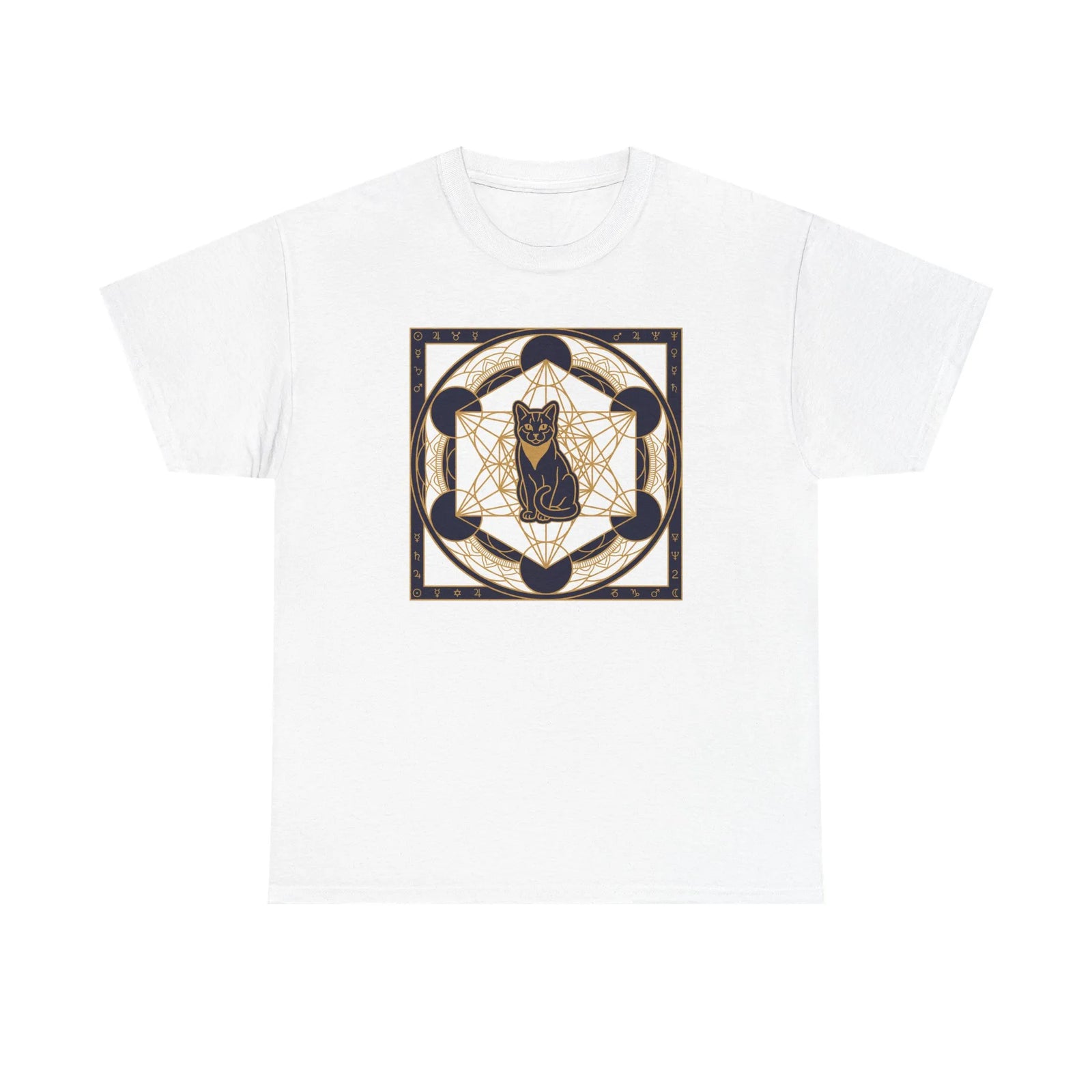 Metatron's Cat Sacred Geometry T-Shirt - Heavyweight Cotton Classic Fit Tee - Unisex White