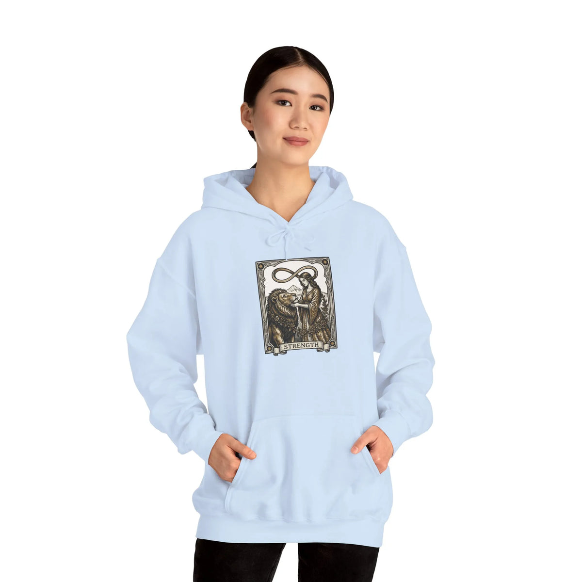 Strength Tarot Card Graphic Hoodie - Heavy Blend Fleece Pullover - Unisex White