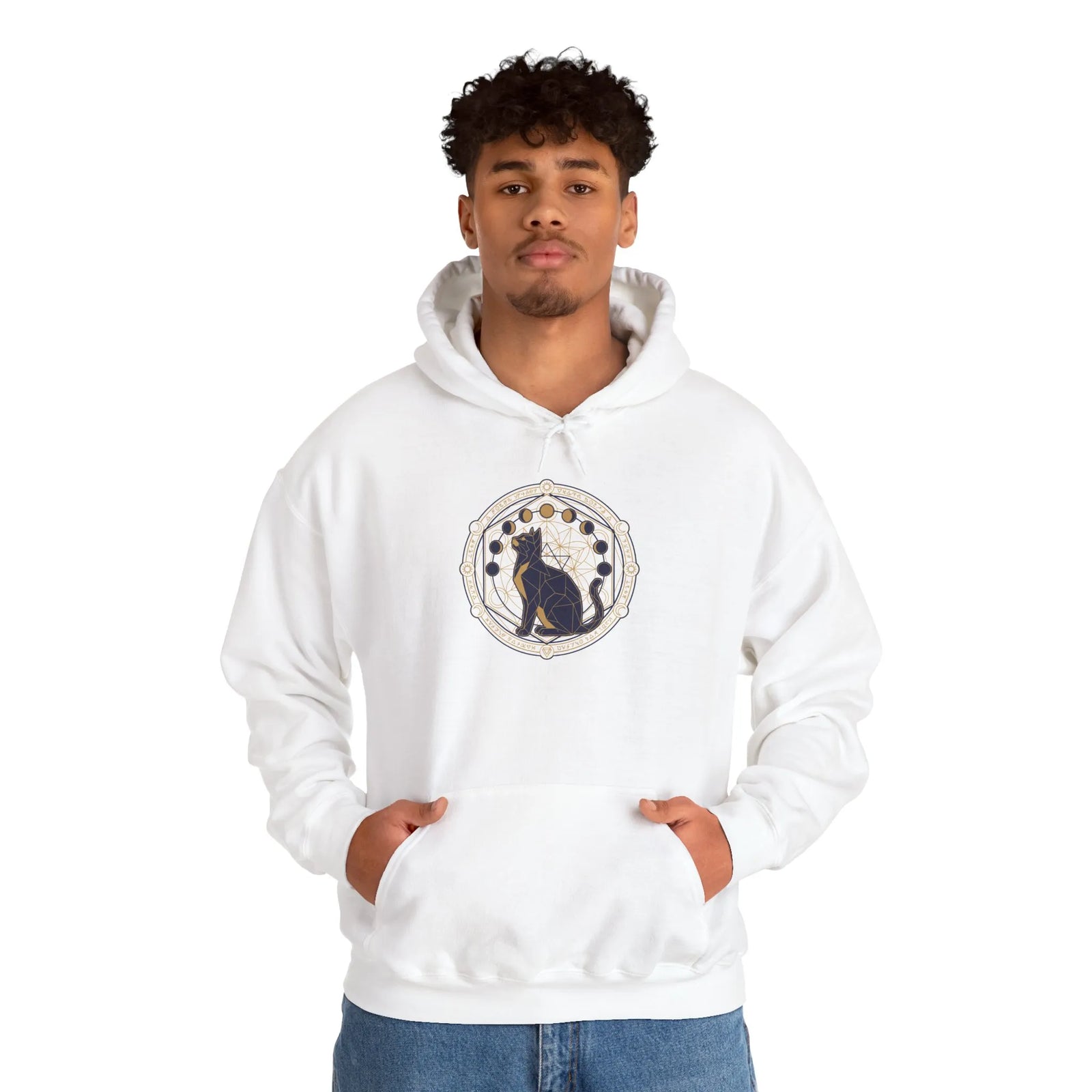 Moon Phases Sacred Geometry Cat Hoodie - Soft Fleece Pullover - Unisex White
