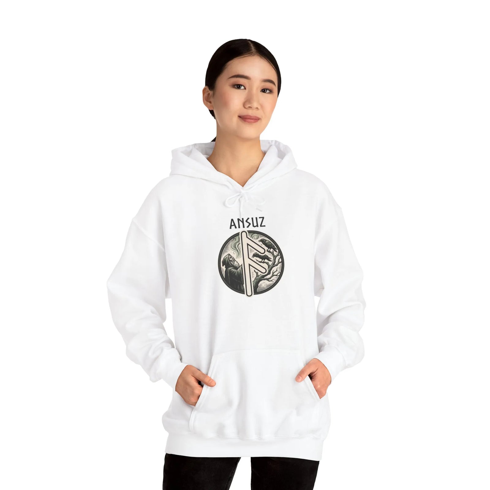 Ansuz Rune Norse Wisdom Graphic Hoodie - Heavy Blend Cotton-Poly Pullover - Unisex White