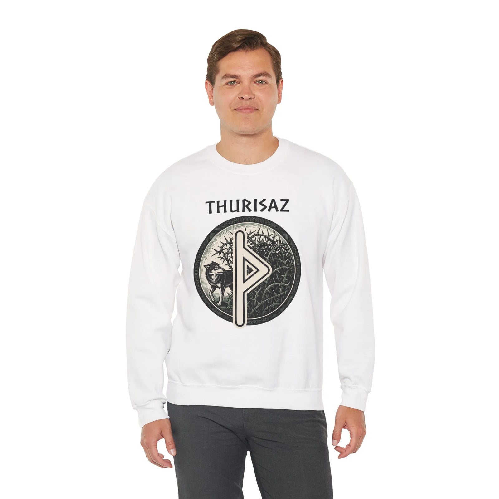 Norse Thurisaz Rune Wolf Sweatshirt - Heavy Blend Fleece Crewneck - Unisex Off White