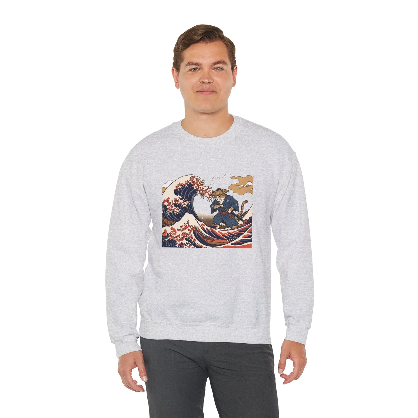 Ukiyo-e Samurai Cat Great Wave Sweatshirt - Heavy Blend Cotton Blend Crewneck - Unisex White