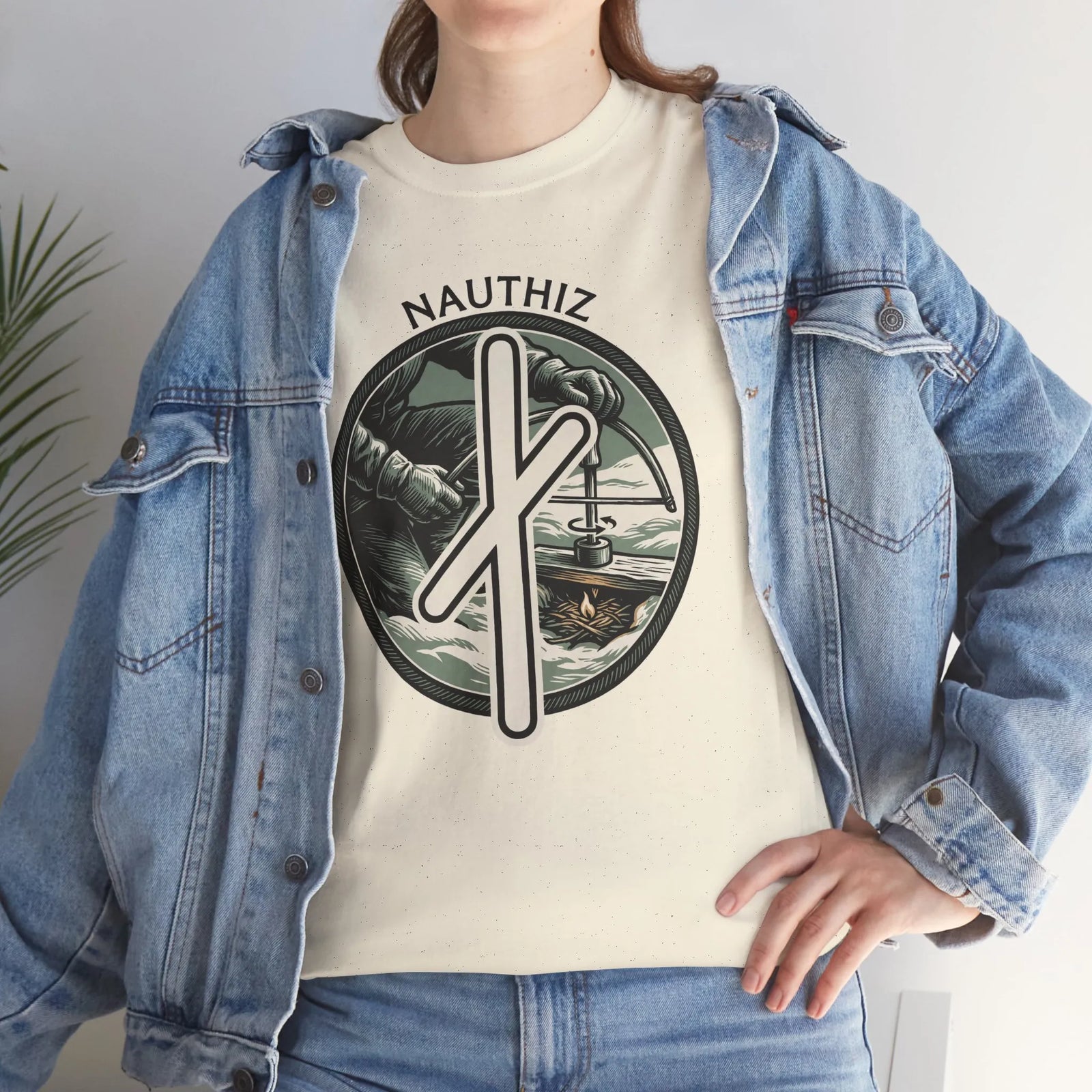 Nauthiz Rune Need Fire T-Shirt - Heavyweight Classic Fit Cotton Tee - Unisex White