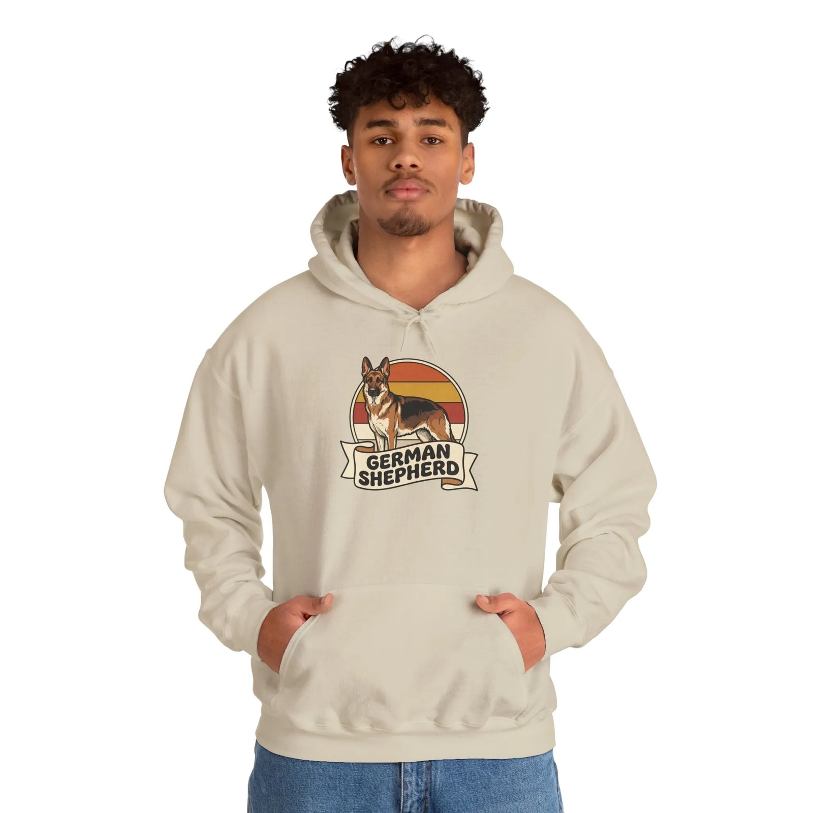 German Shepherd Retro Sunset Hoodie - Soft Cotton-Poly Blend Fleece - Unisex White
