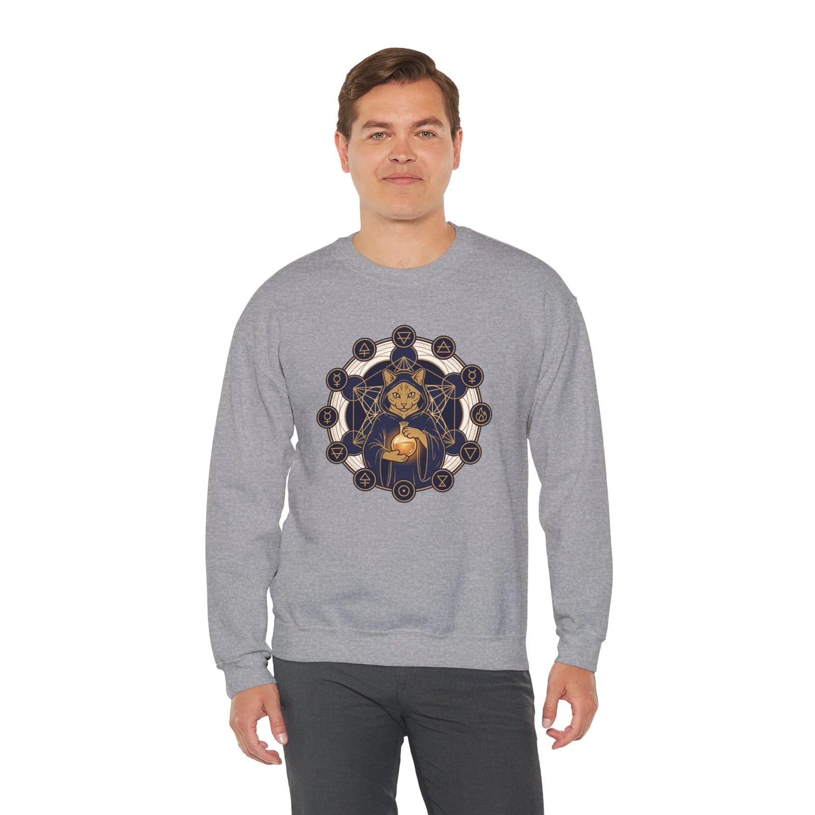 Sacred Geometry Alchemist Cat Sweatshirt - Heavy Blend Fleece Crewneck - Unisex White
