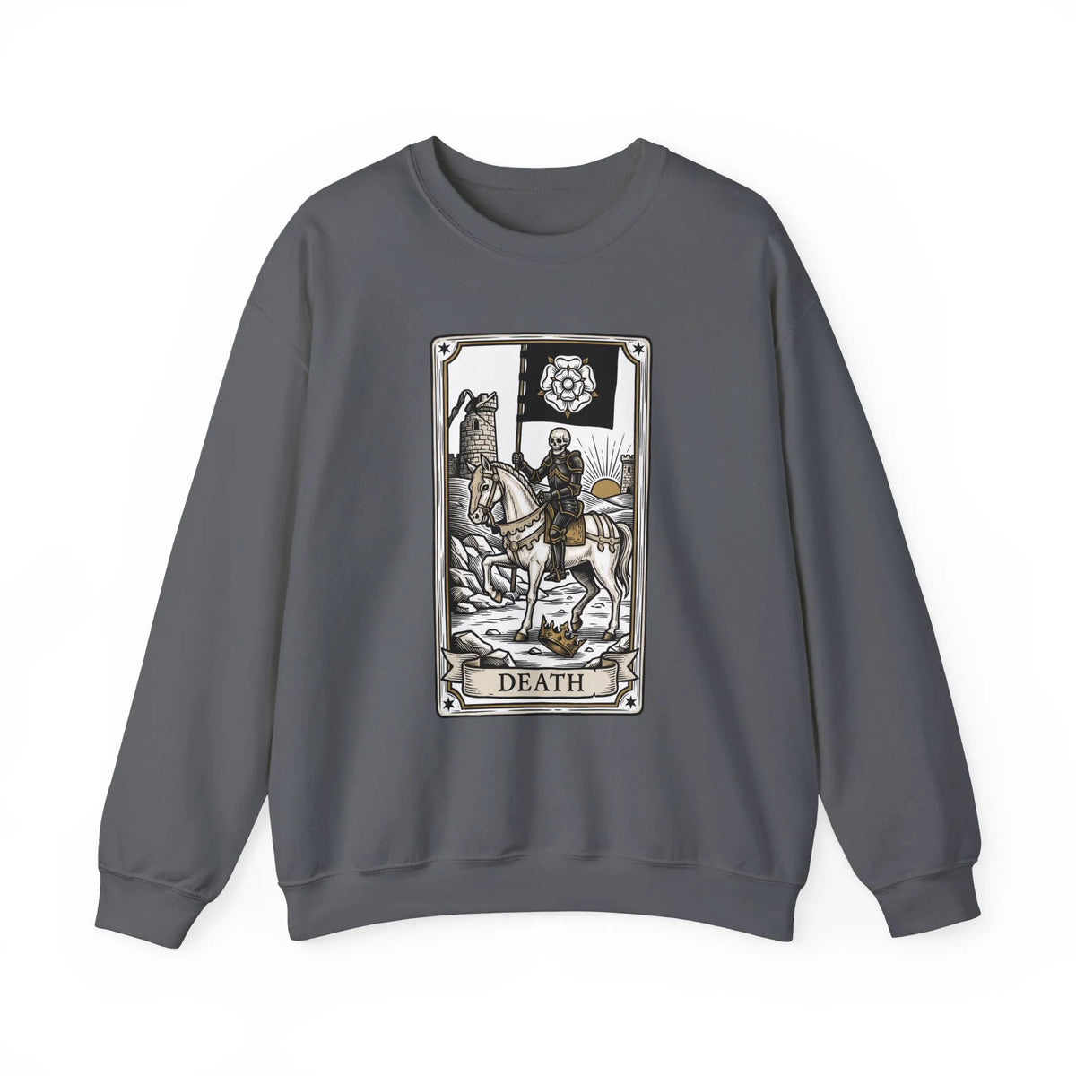 Tarot Death Card Graphic Sweatshirt - Heavy Blend Classic Fit Crewneck - Unisex White
