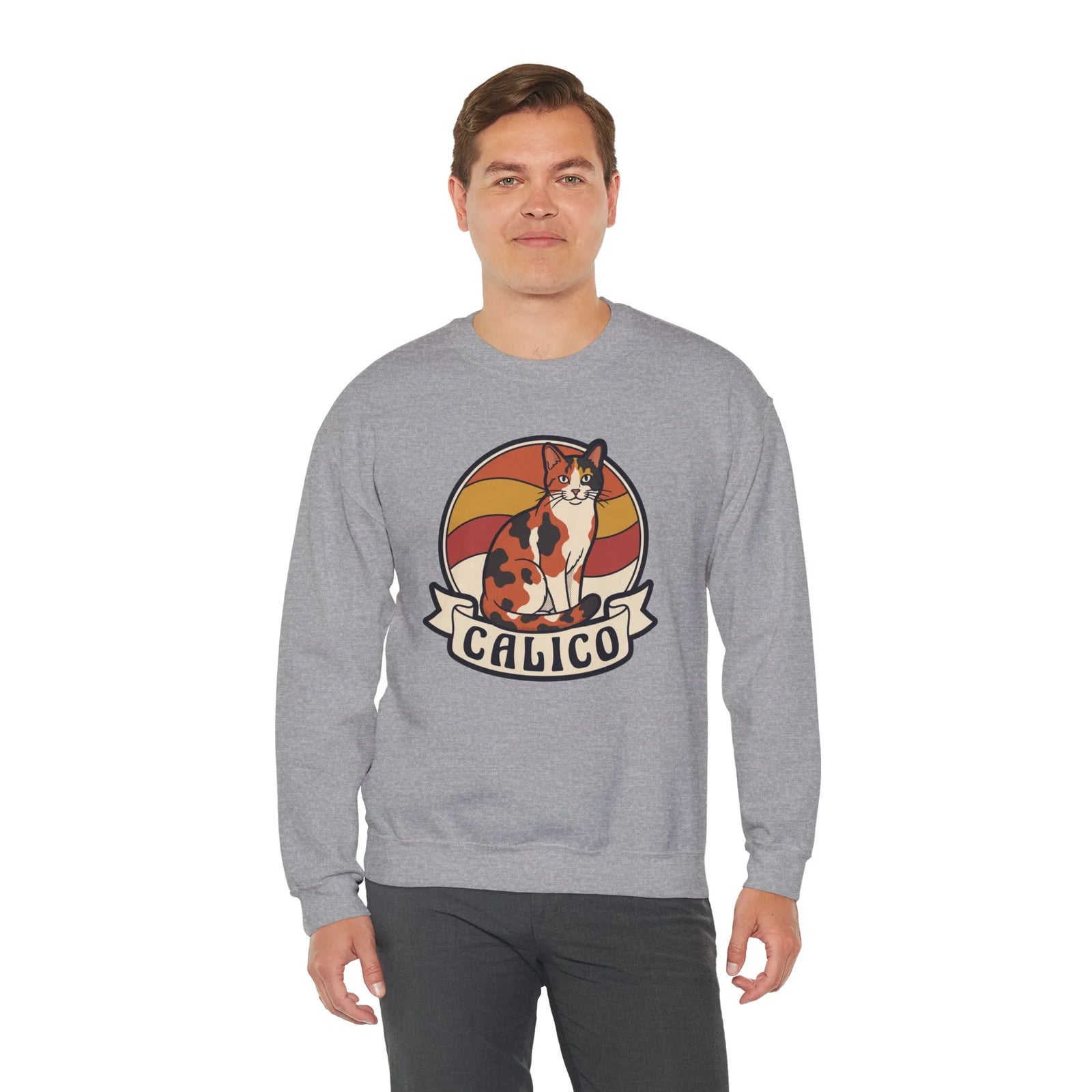 Calico Cat Retro 70s Sunset Sweatshirt - Heavy Blend Classic Fit Fleece - Unisex White