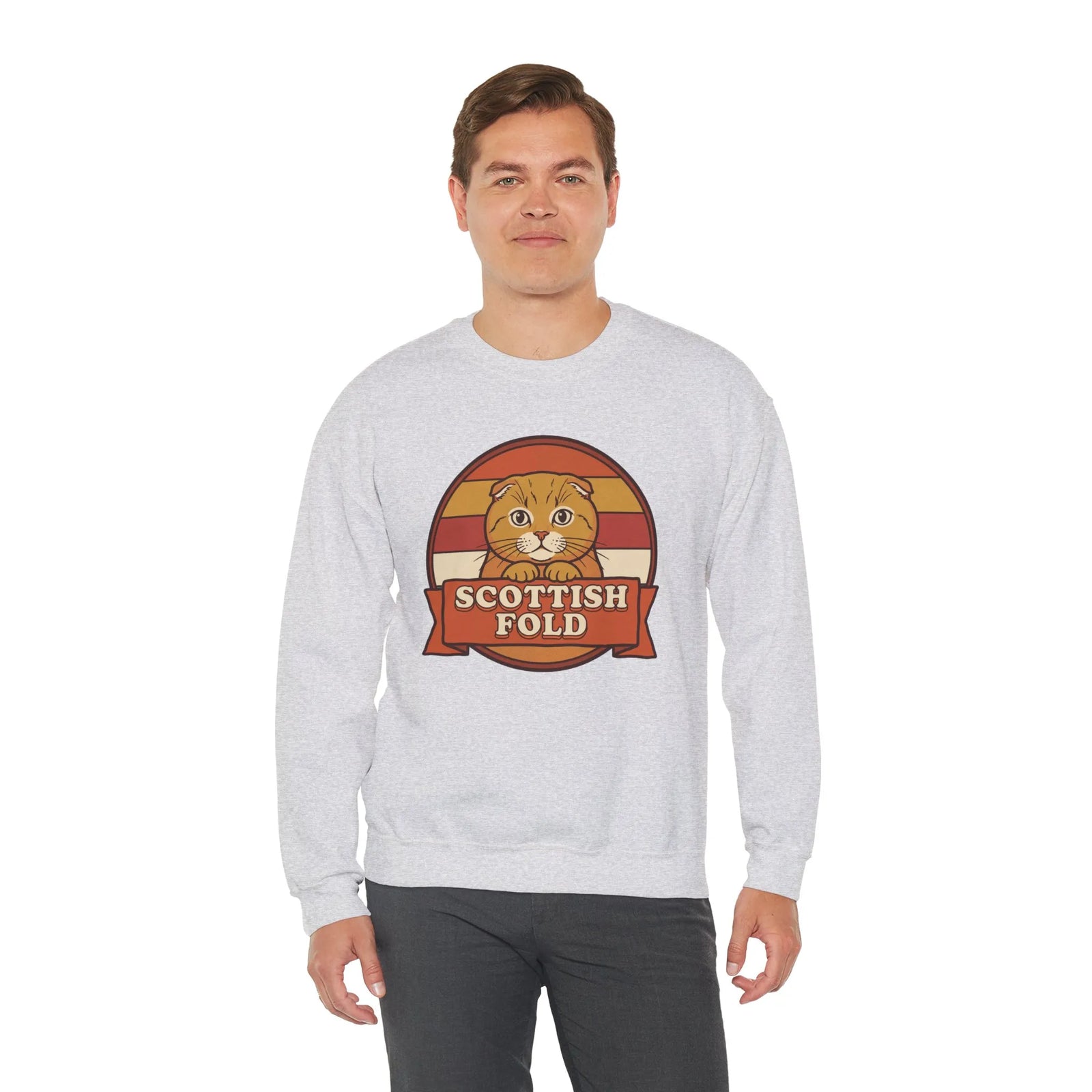 Scottish Fold Retro Sunset Sweatshirt - Heavyweight Cotton Blend Crewneck - Unisex White