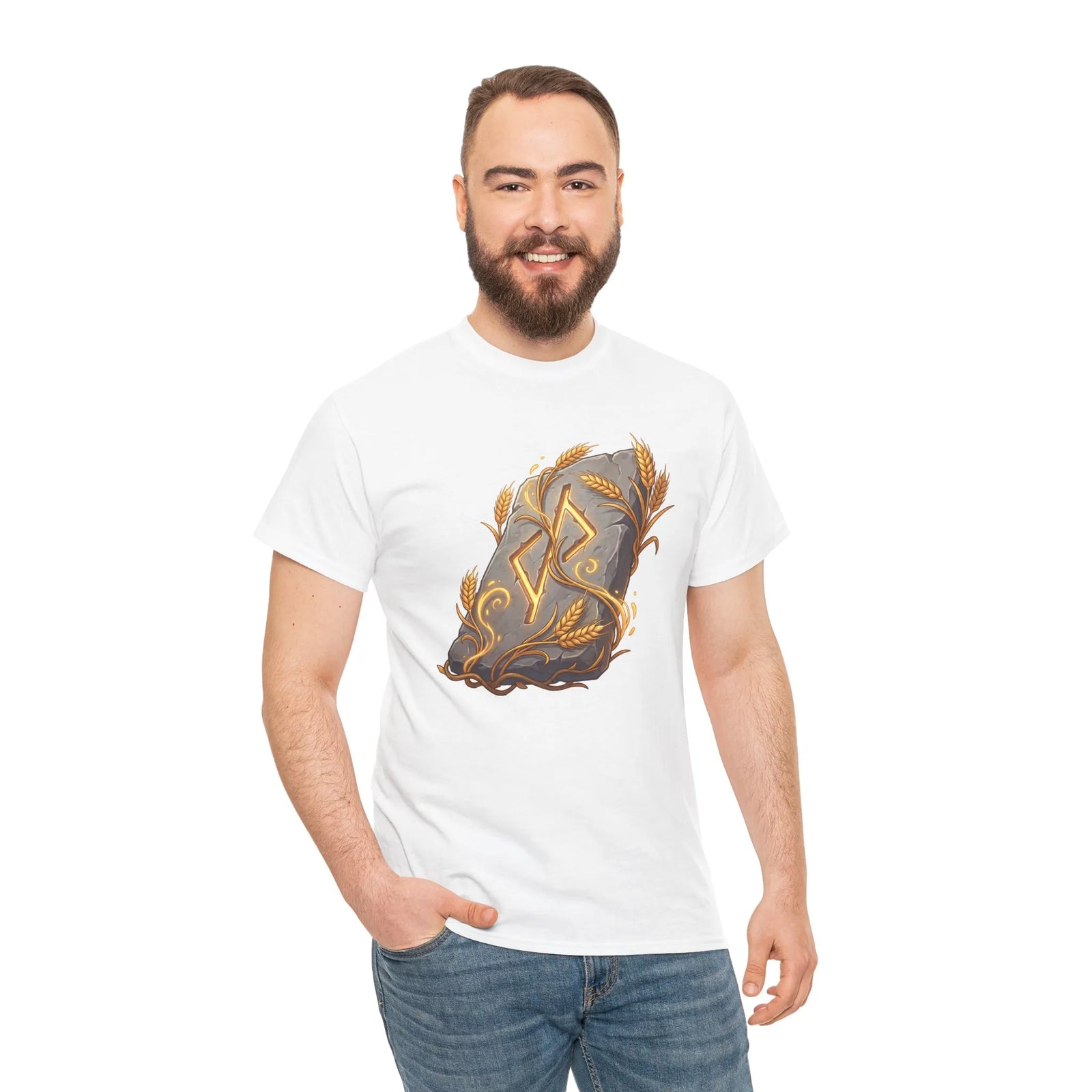 Jera Rune Harvest Stone T-Shirt - Heavy Cotton Classic Fit Tee - Unisex White